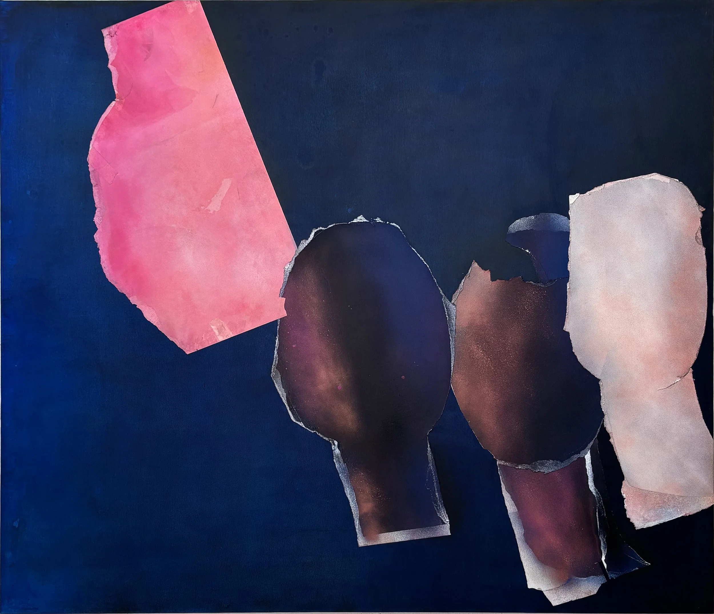 Abstract collage of torn paper with pink, purple, and beige shapes on a dark blue background.