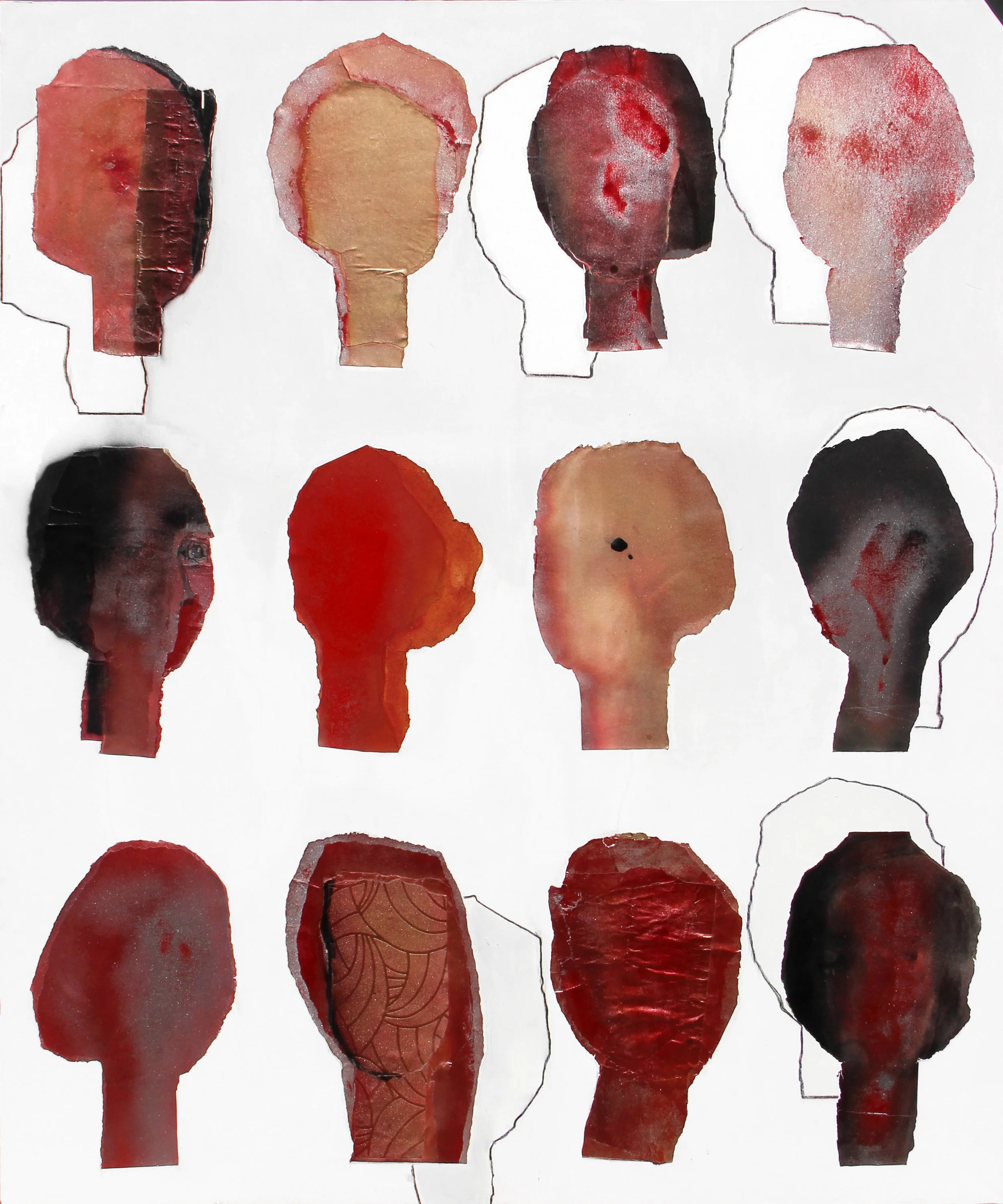 Collection of 12 cutouts of human head profiles arranged in three rows, made from various textured and colored materials.