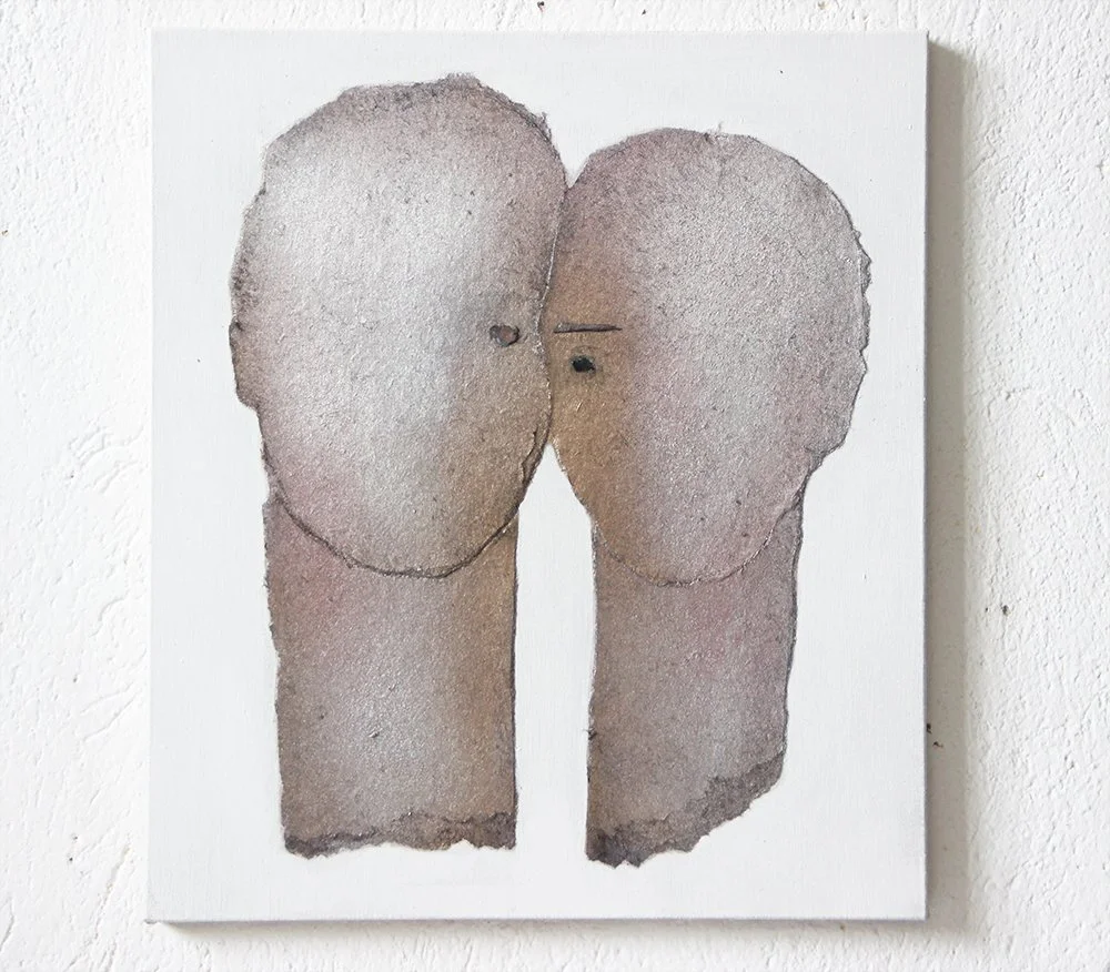 Watercolor painting of two human faces close together, sharing a single neck, with minimal facial features and soft, muted colors.
