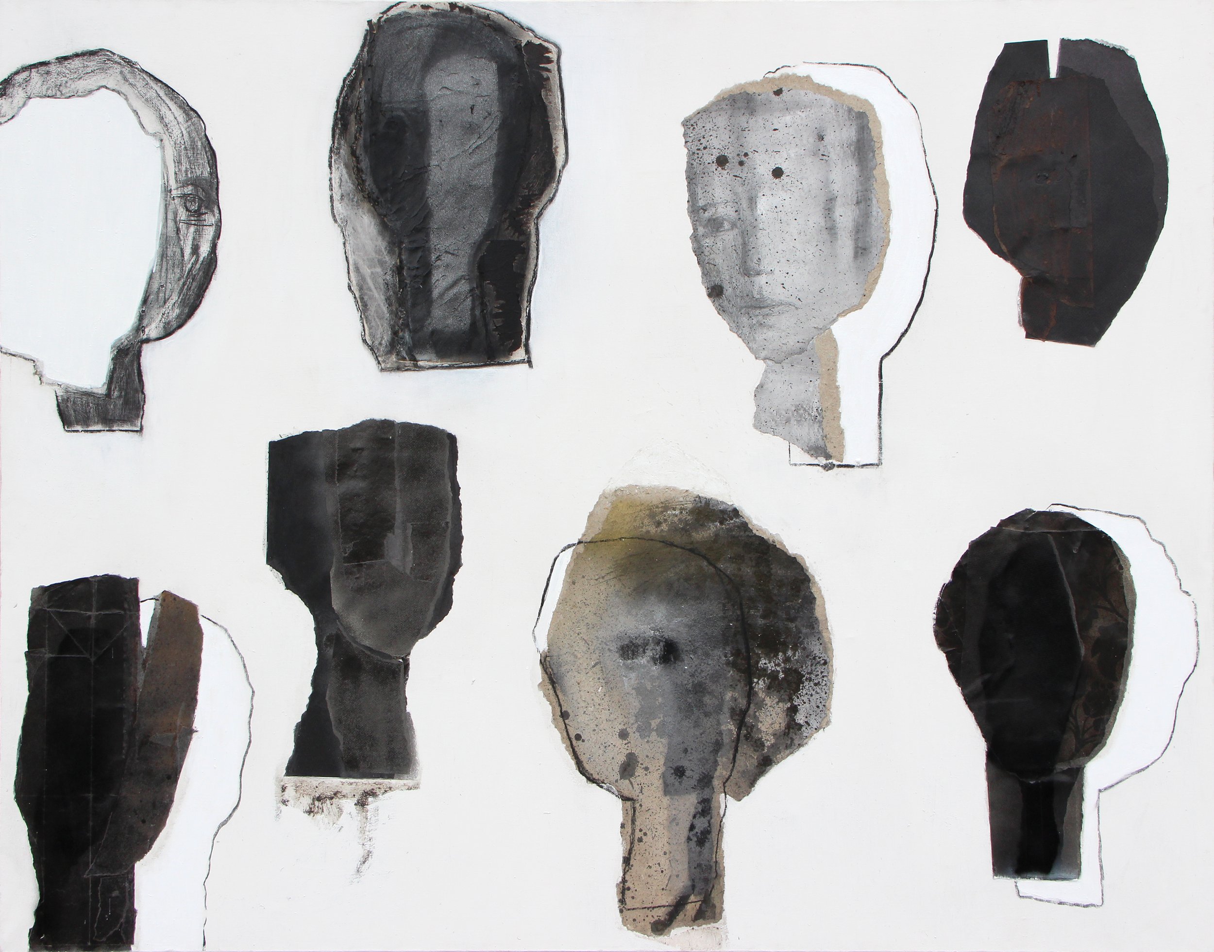 A collection of eight abstract art pieces resembling human heads and faces, created with various shades of black, gray, and beige, on a white background.
