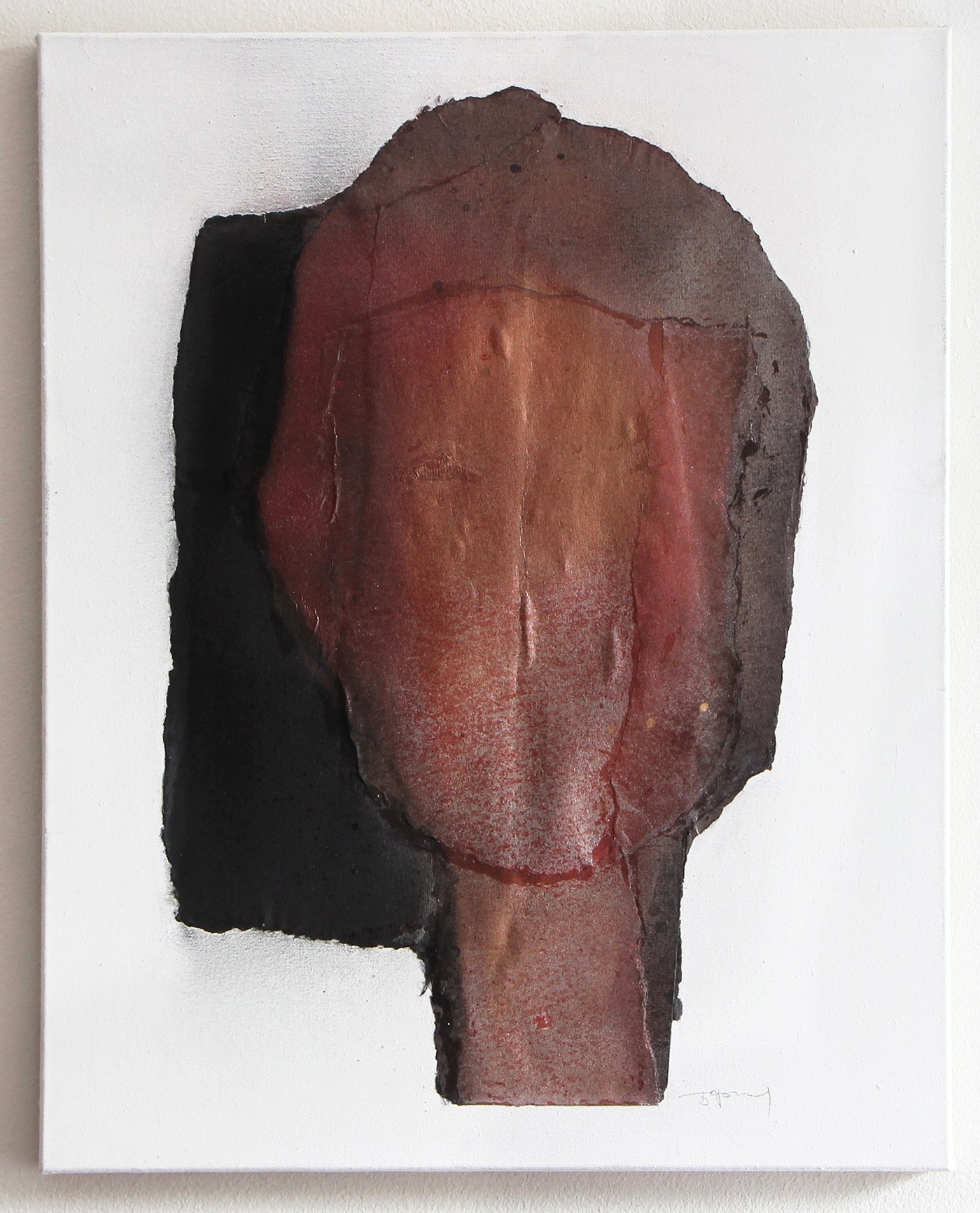 Abstract portrait of a woman's face created with textured, layered paper or paint, using muted tones of pink, brown, and black, with a white background.