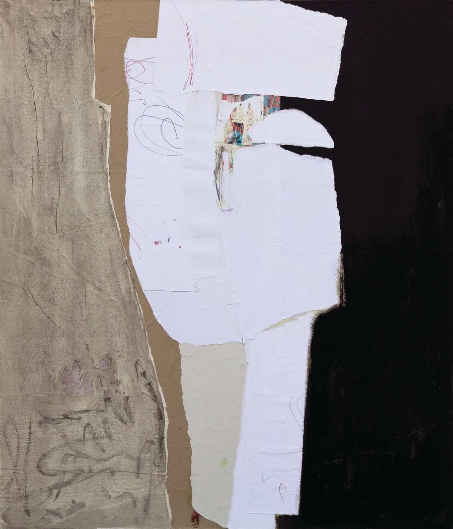 An abstract mixed media collage on paper, featuring torn paper layers, scribbles, and a dark background.