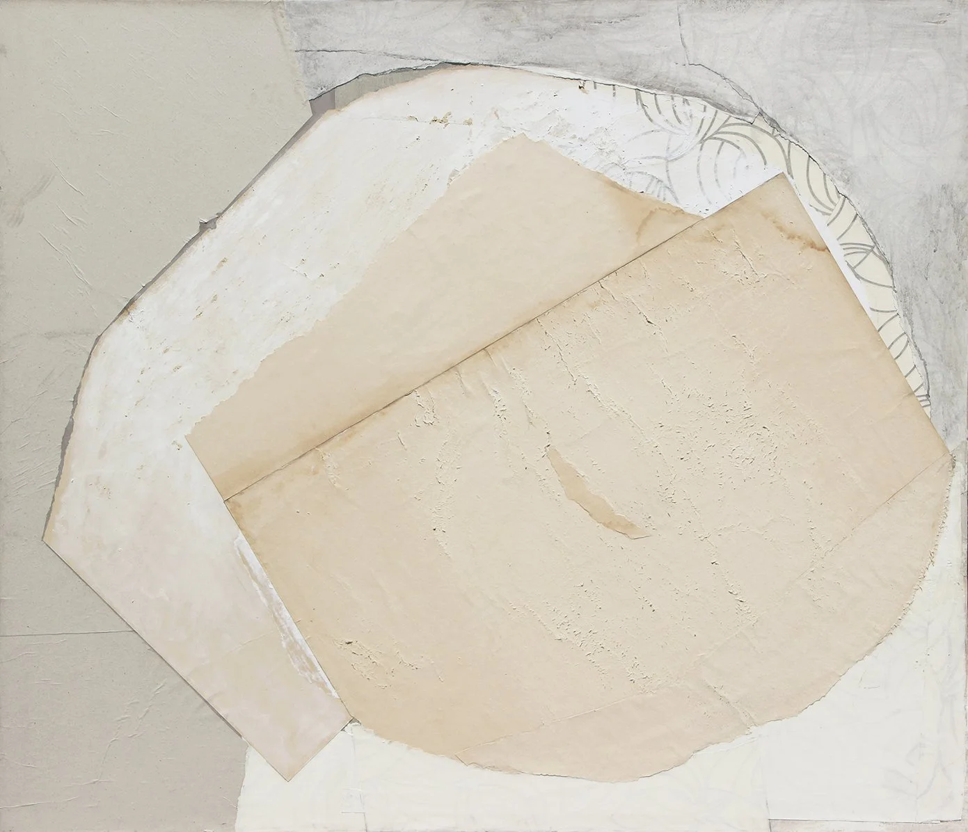 Scene of a circular cut-out section in the wall with multiple layers of drywall and some decorative wallpaper visible.