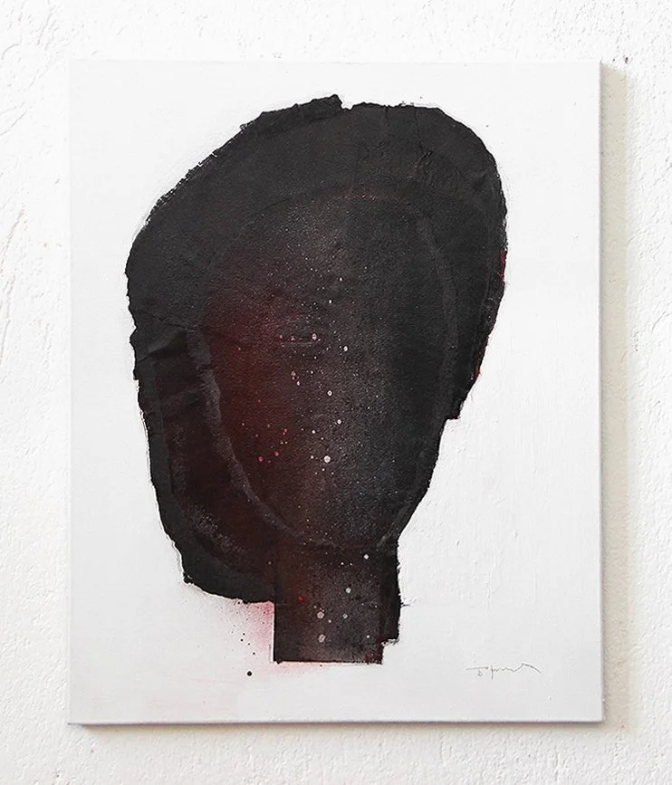 Abstract painting of a dark silhouette of a person's head against a white background.