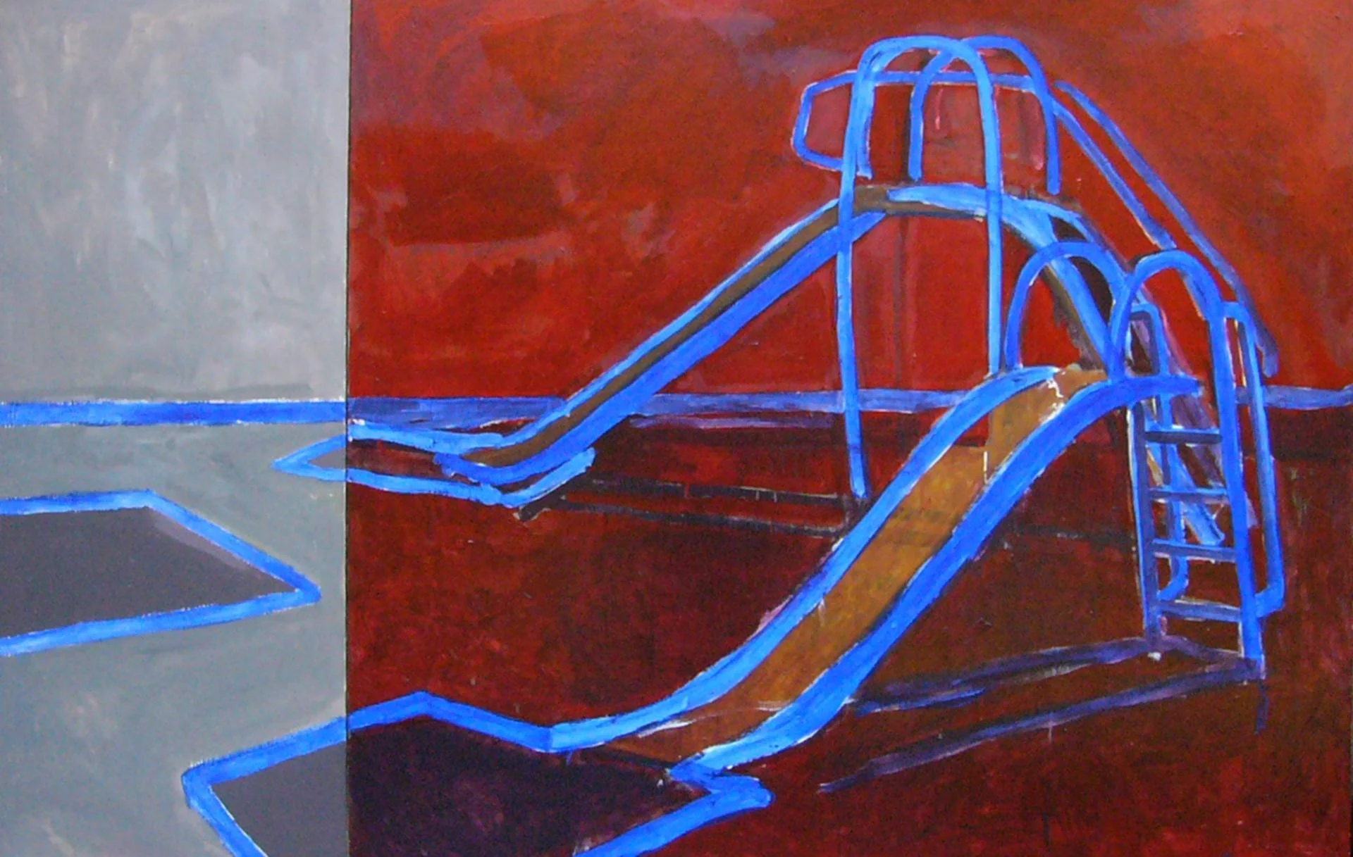 Painting of a children's slide with blue outlines against a background of gray and red sections.