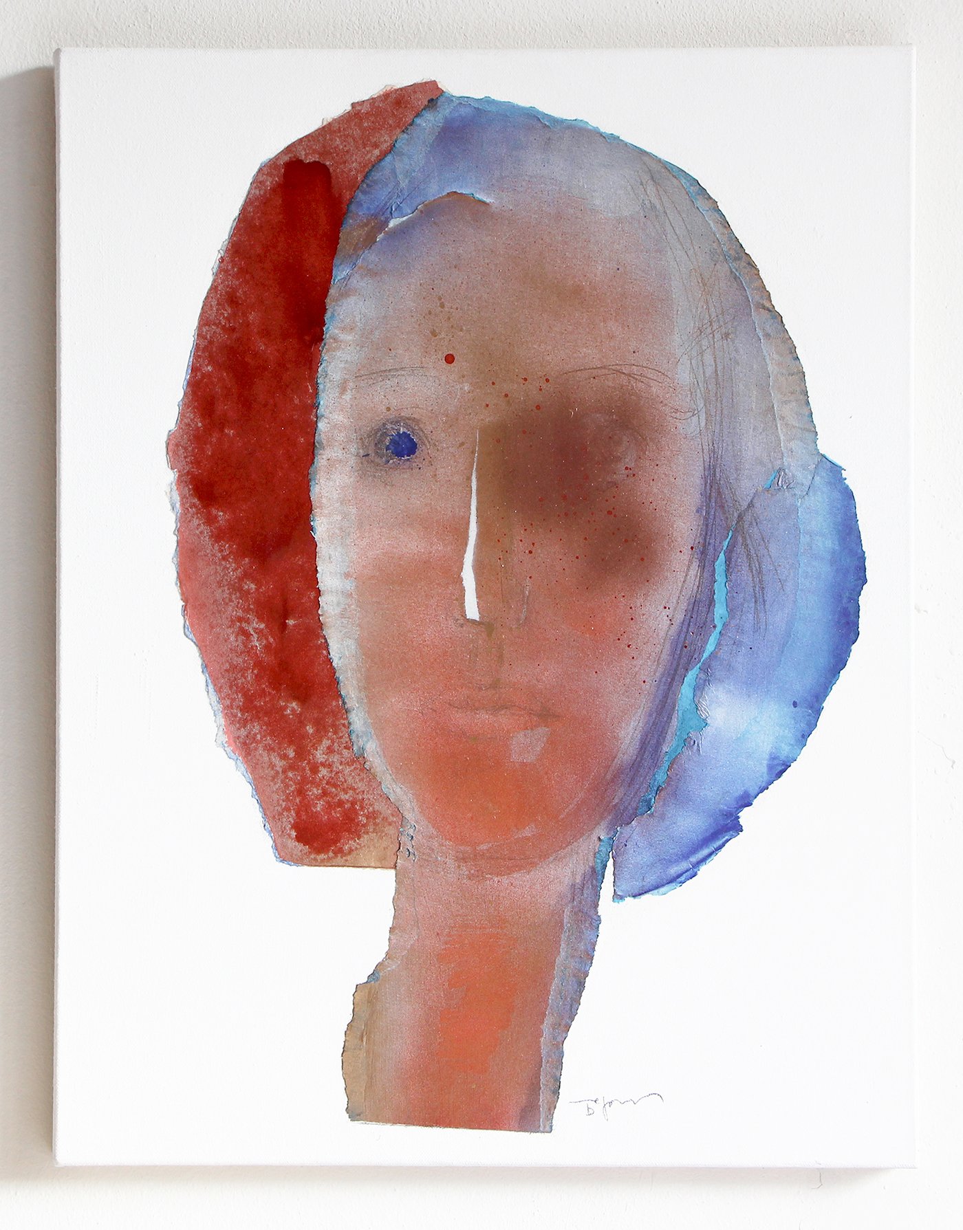 Watercolor painting of a woman's face with an abstract style, featuring a red and blue hair, and a neutral expression.