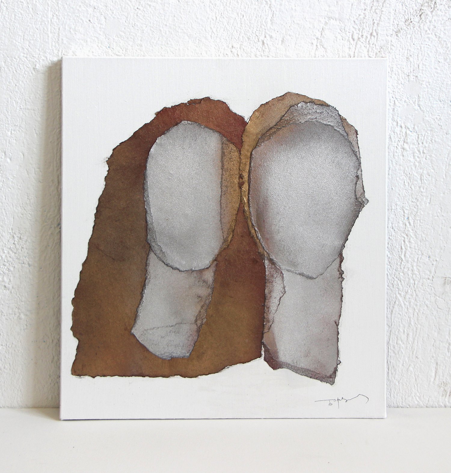 Abstract watercolor painting of two faceless figures with long brown hair, depicted with minimal detail on white canvas.