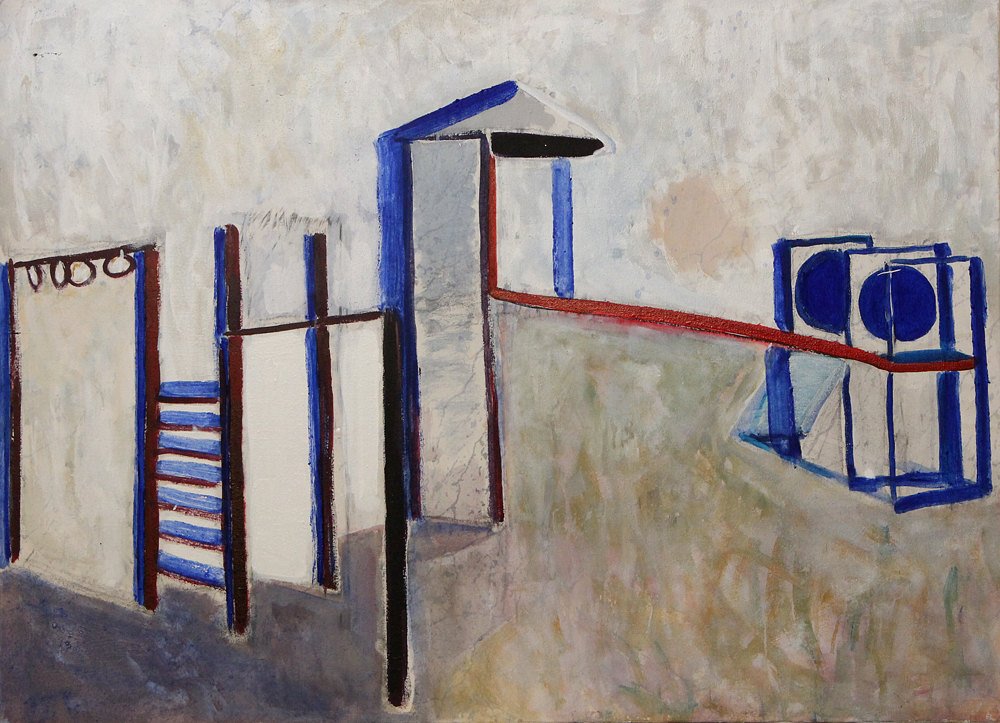 A painting of a playground with various structures in blue, red, black, and white, including climbing frames and slides.