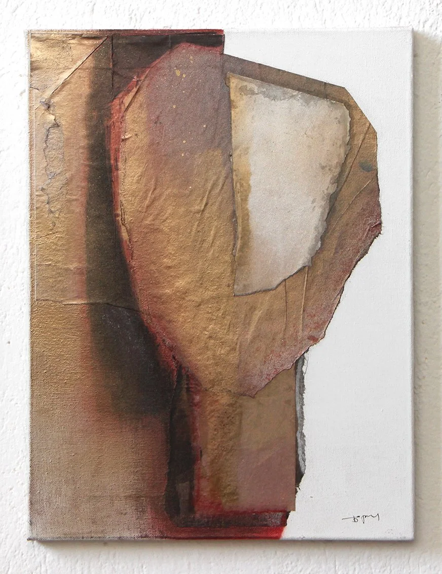 abstract painting with geometric shapes and earthy tones on a white canvas.