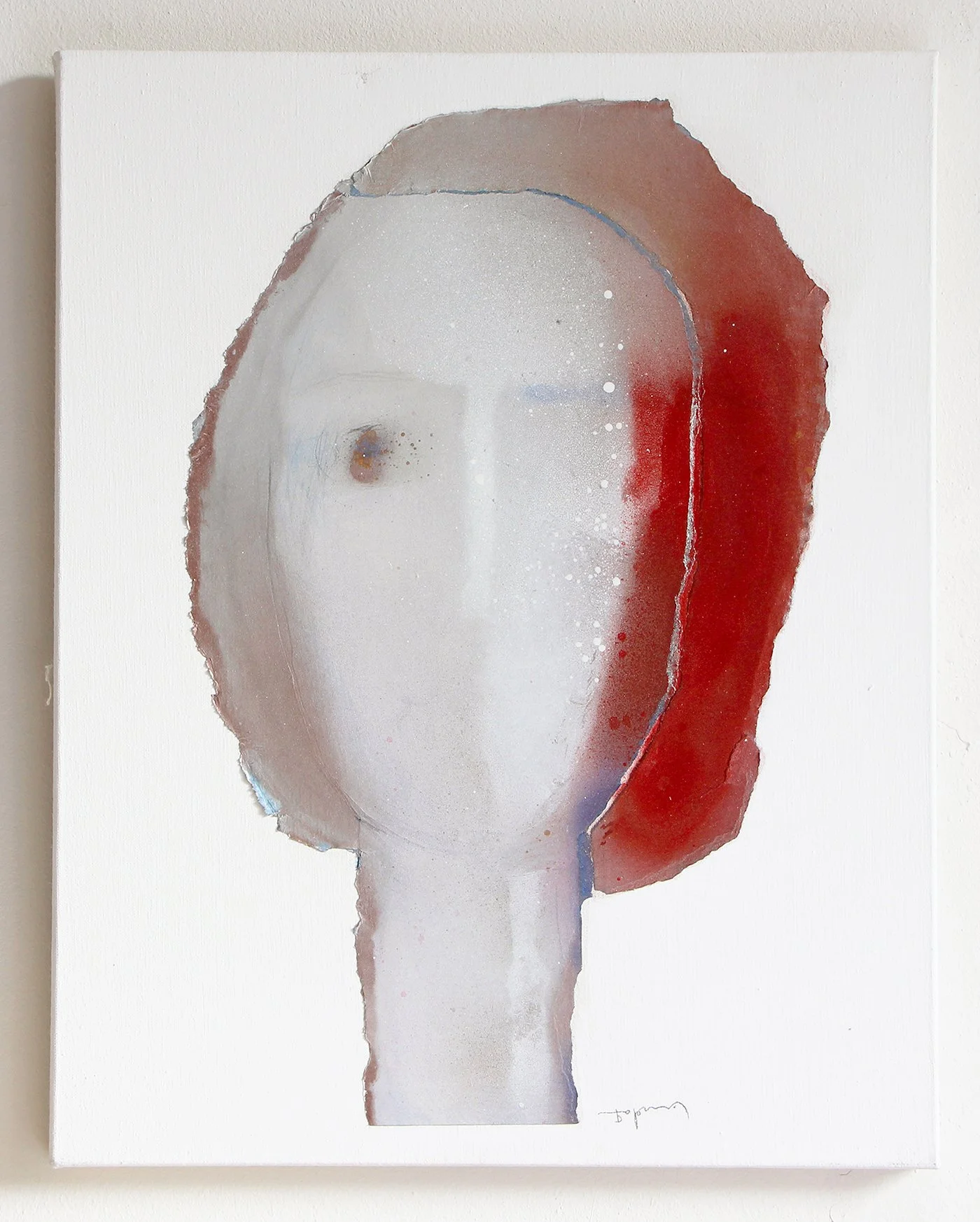 Abstract watercolor portrait of a woman with short red hair, painted on a white canvas.