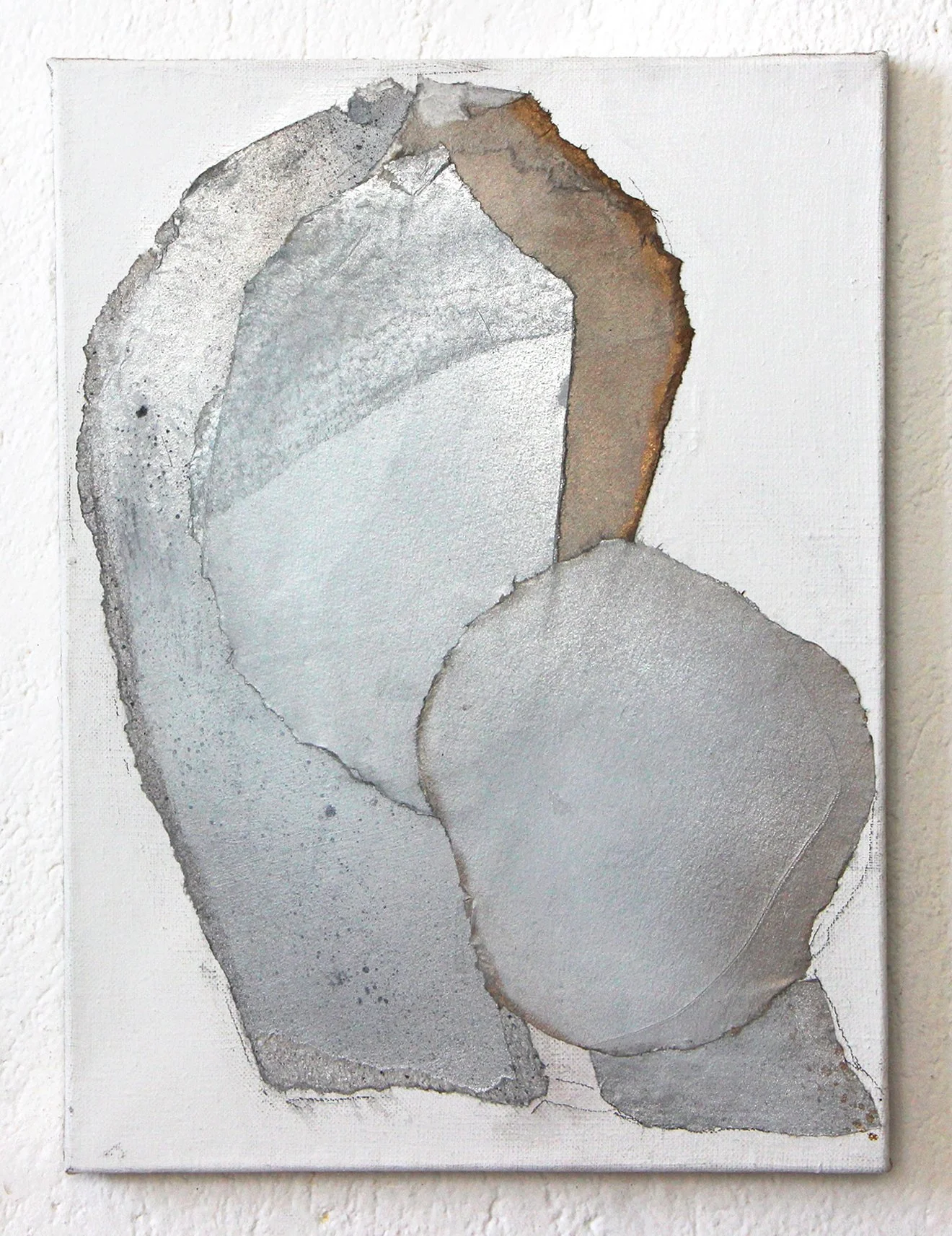 An abstract painting featuring cracked and textured gray, white, and brownish shapes on a white canvas.