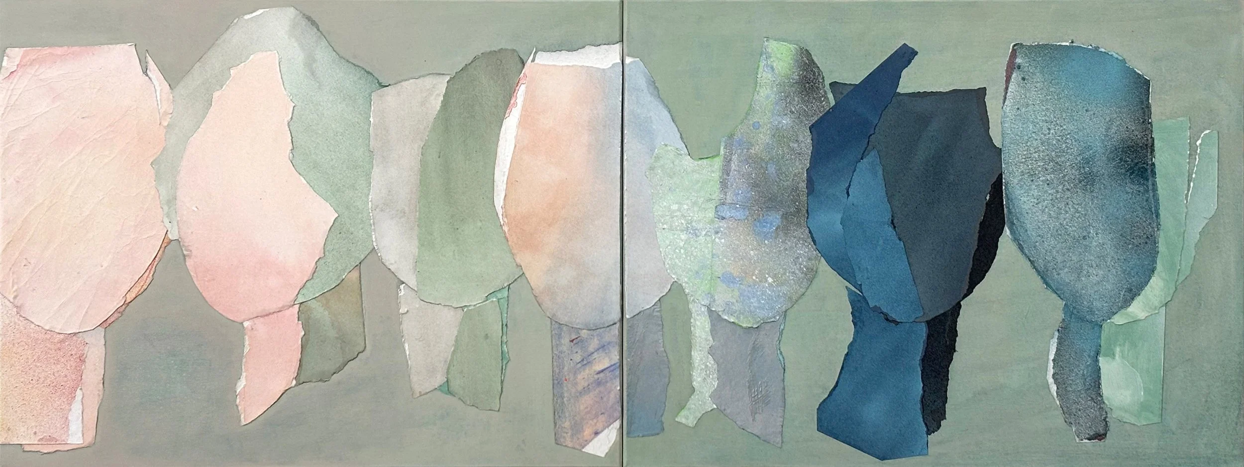 Abstract collage art featuring torn paper pieces in pastel pink, beige, green, blue, black, and gray on a light green background.