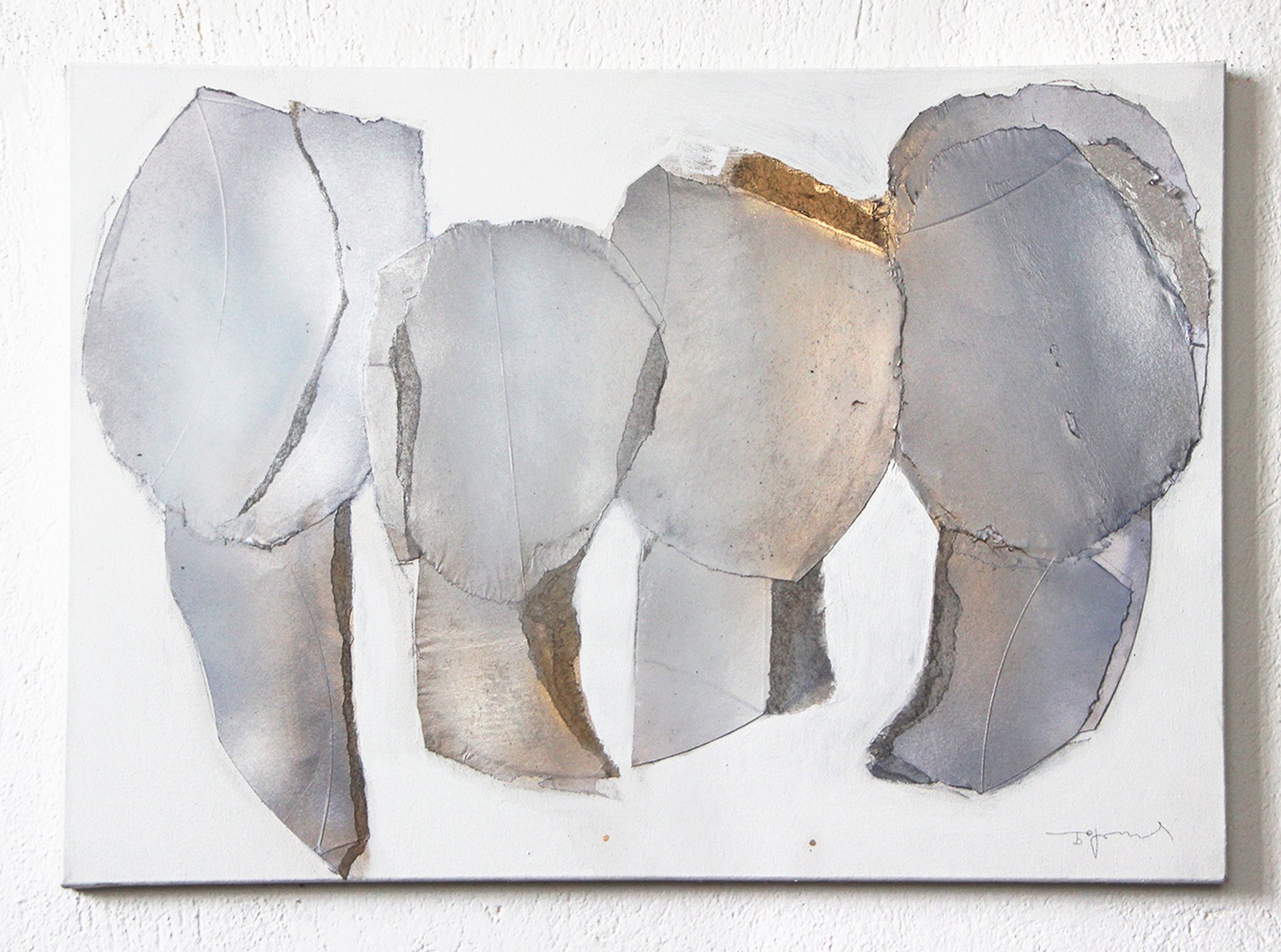 Abstract artwork featuring irregularly shaped, layered silver and gray segments on a white canvas.