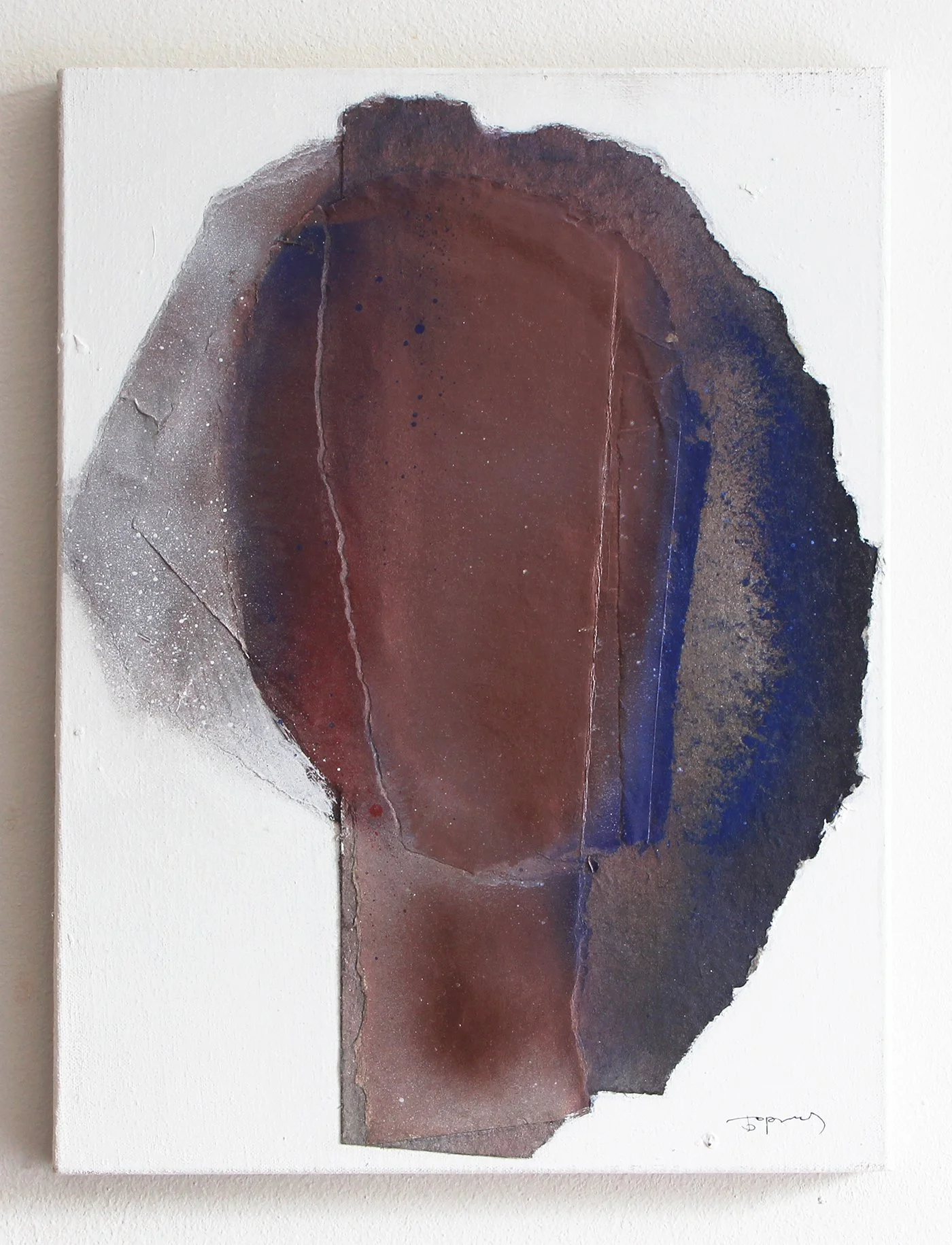 Abstract mixed media artwork with brown, blue, gray, and white textures on a white background