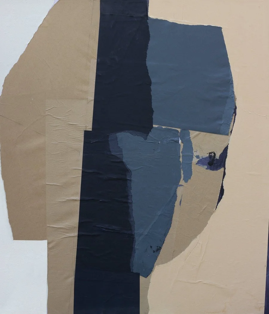 Abstract collage of torn paper in shades of beige, blue, and black, arranged in geometric pattern.