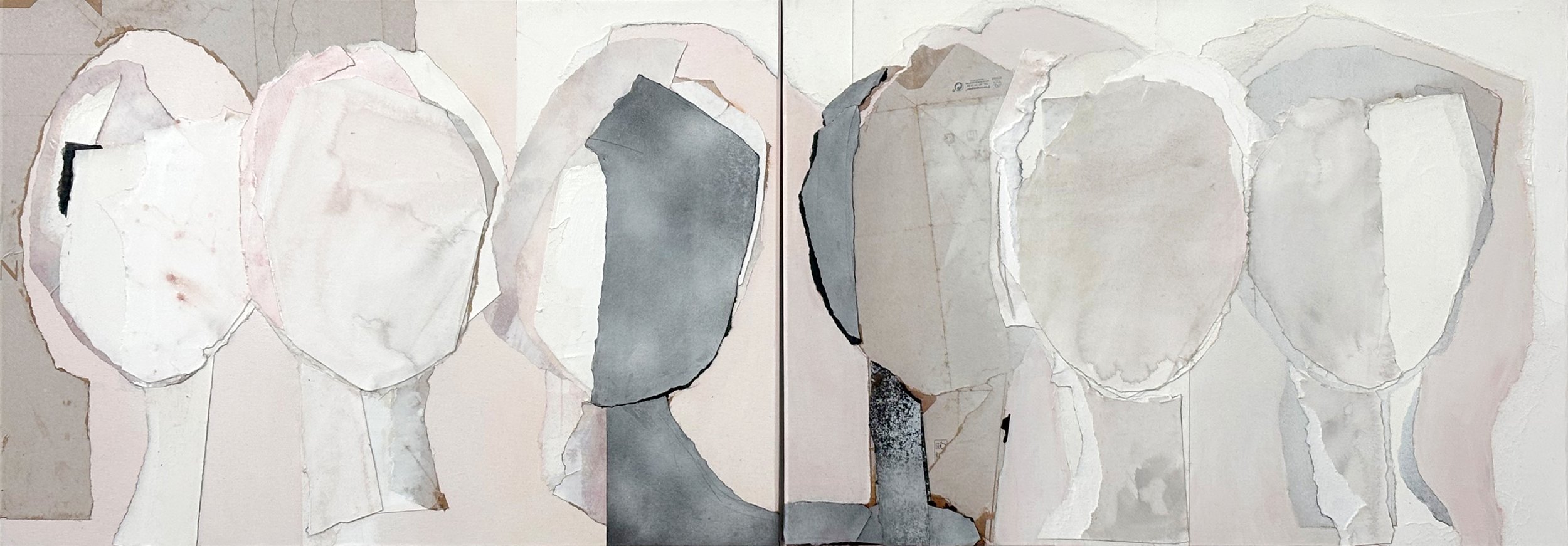 Two abstract paintings made of torn paper with shades of white, gray, black, and beige, mounted side by side.