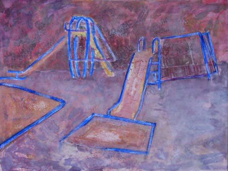 A children's playground with slides, swings, and a sandbox, painted in vibrant colors.