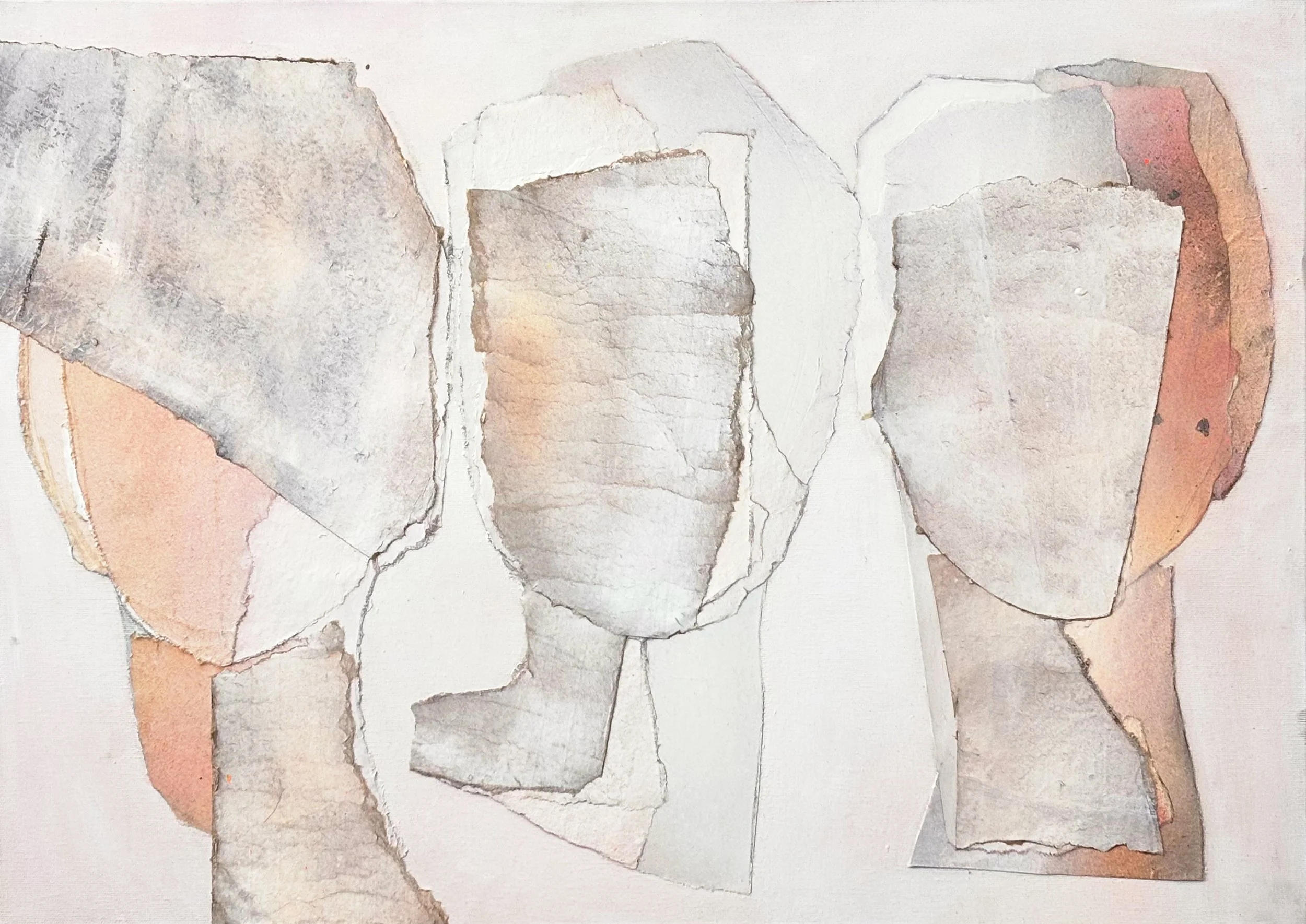 A collage of torn paper pieces in neutral and pastel tones, arranged abstractly on a white background.