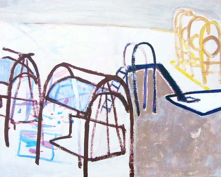 Children's playground with climbing structures, a slide, and a sandbox, drawn in colorful crayon and marker.