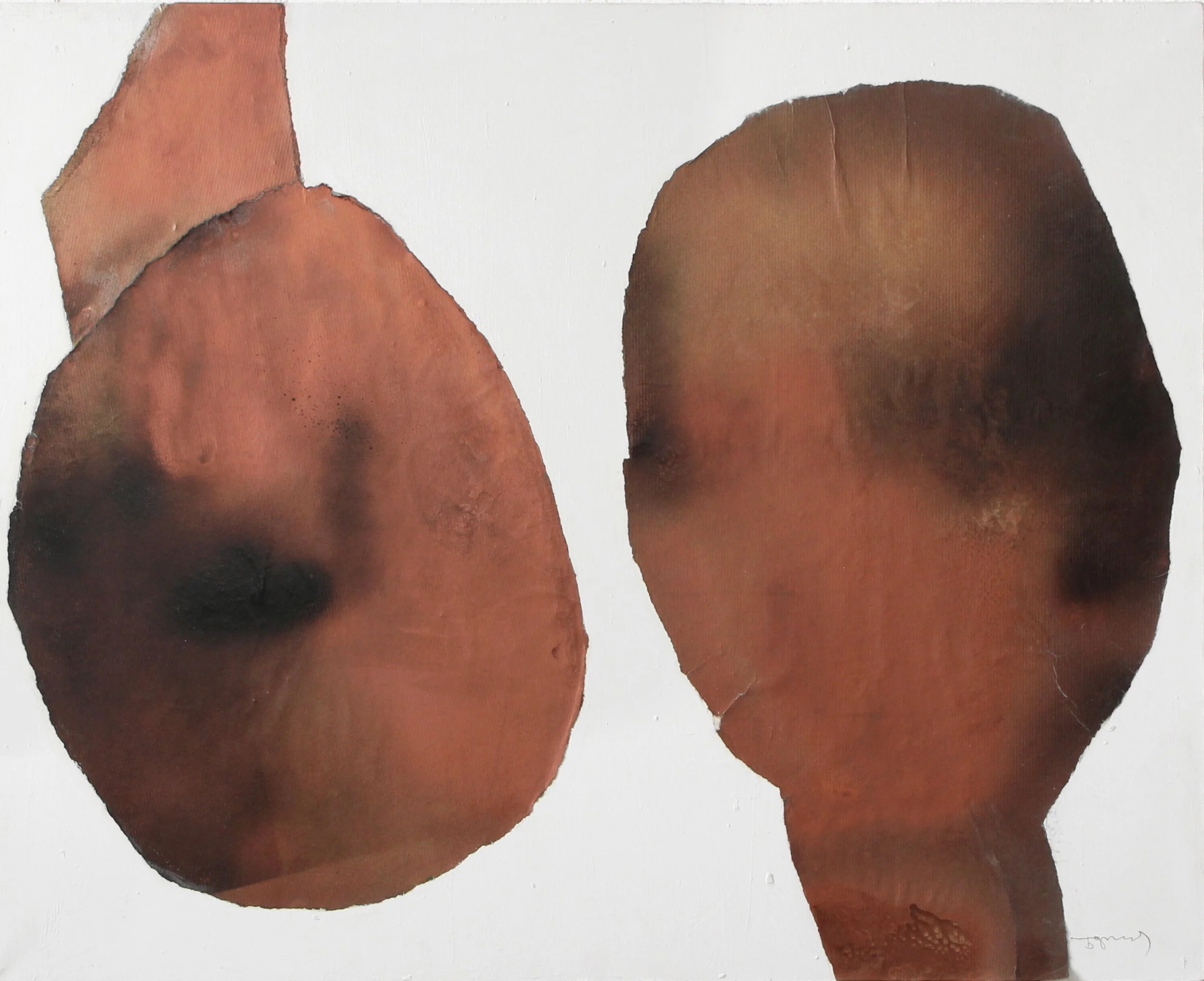 Abstract artwork featuring two large shapes resembling human faces, with a textured, earthy color palette against a white background.