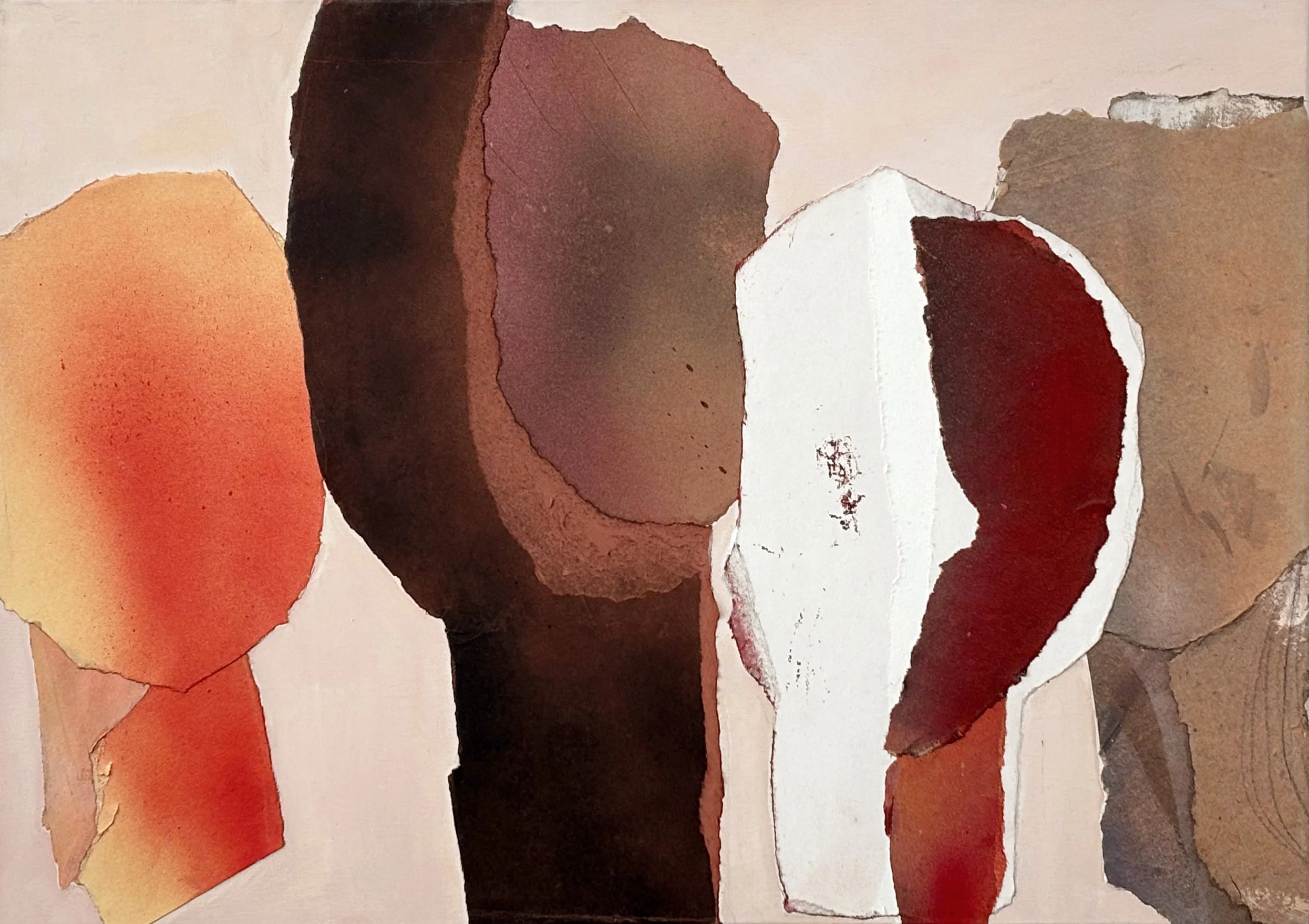 Abstract painting featuring irregular organic shapes in shades of brown, red, orange, white, and beige.