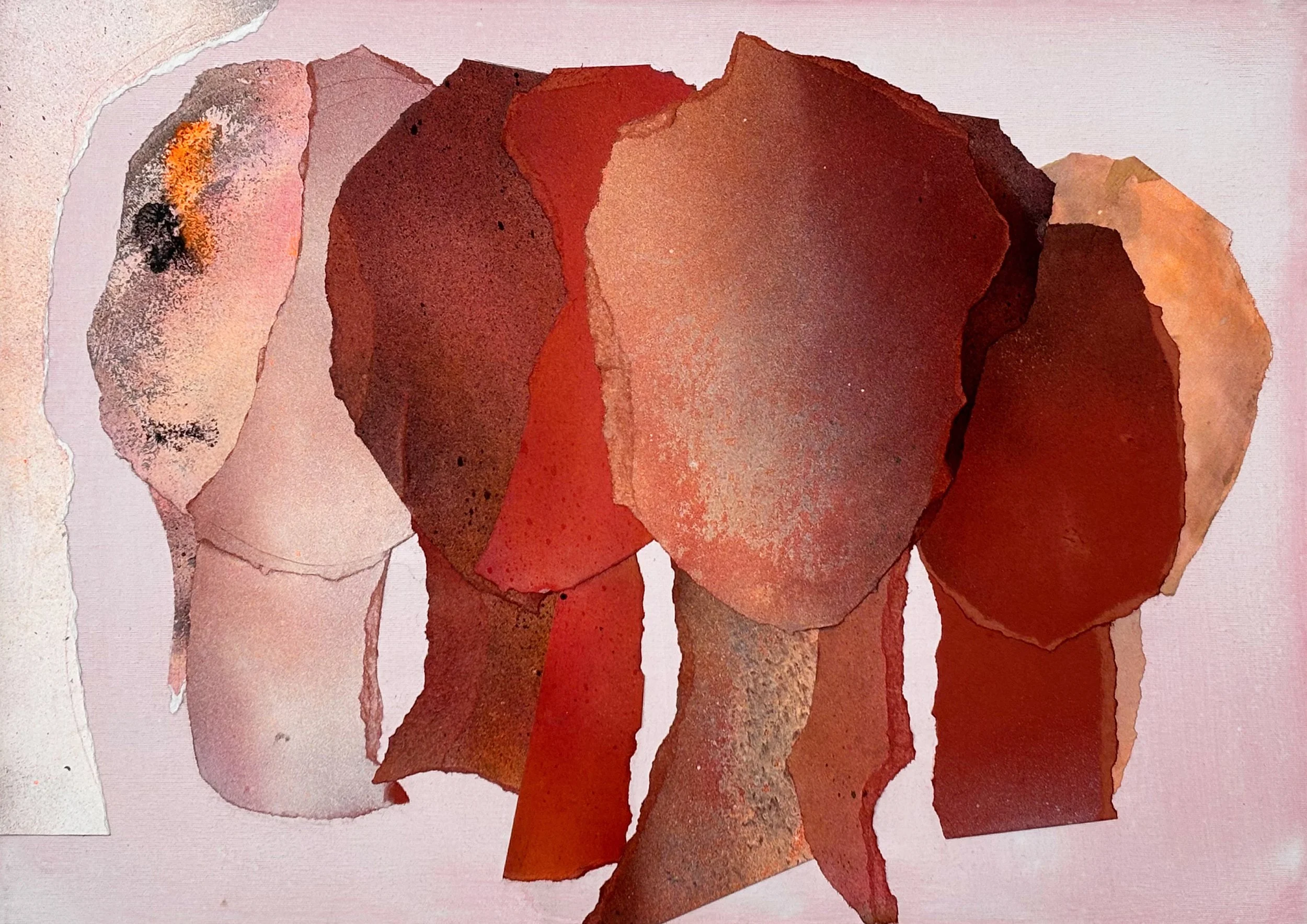 Abstract watercolor painting with irregular shapes and shades of red, pink, and brown on a light pink background.