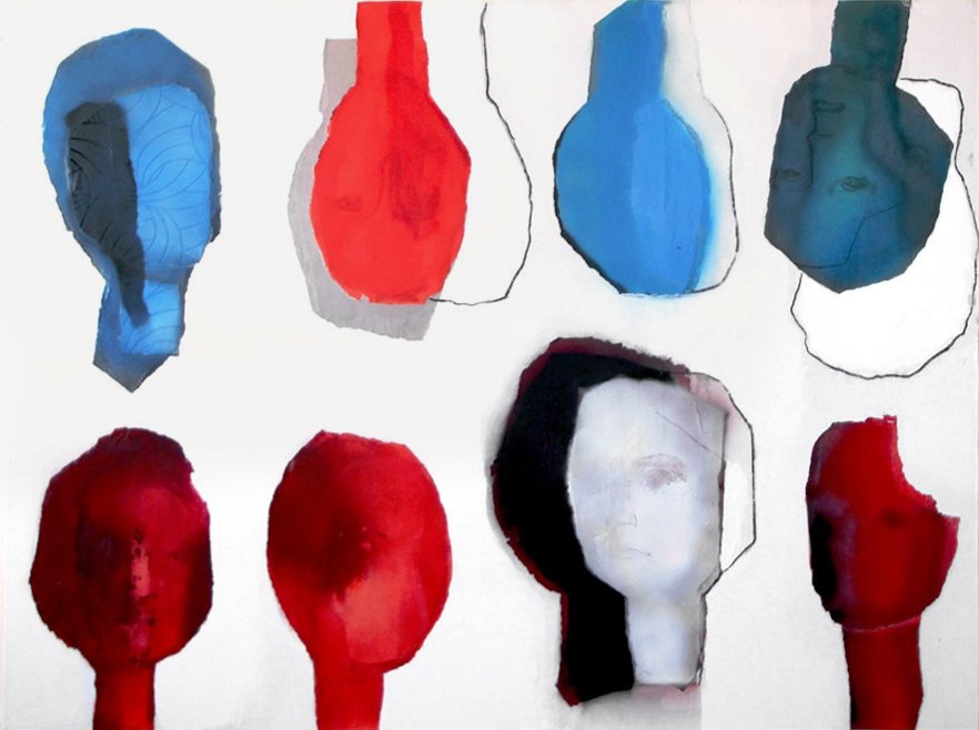 Abstract artwork featuring multiple fragmented, colorful head sculptures in shades of blue, red, black, and white.