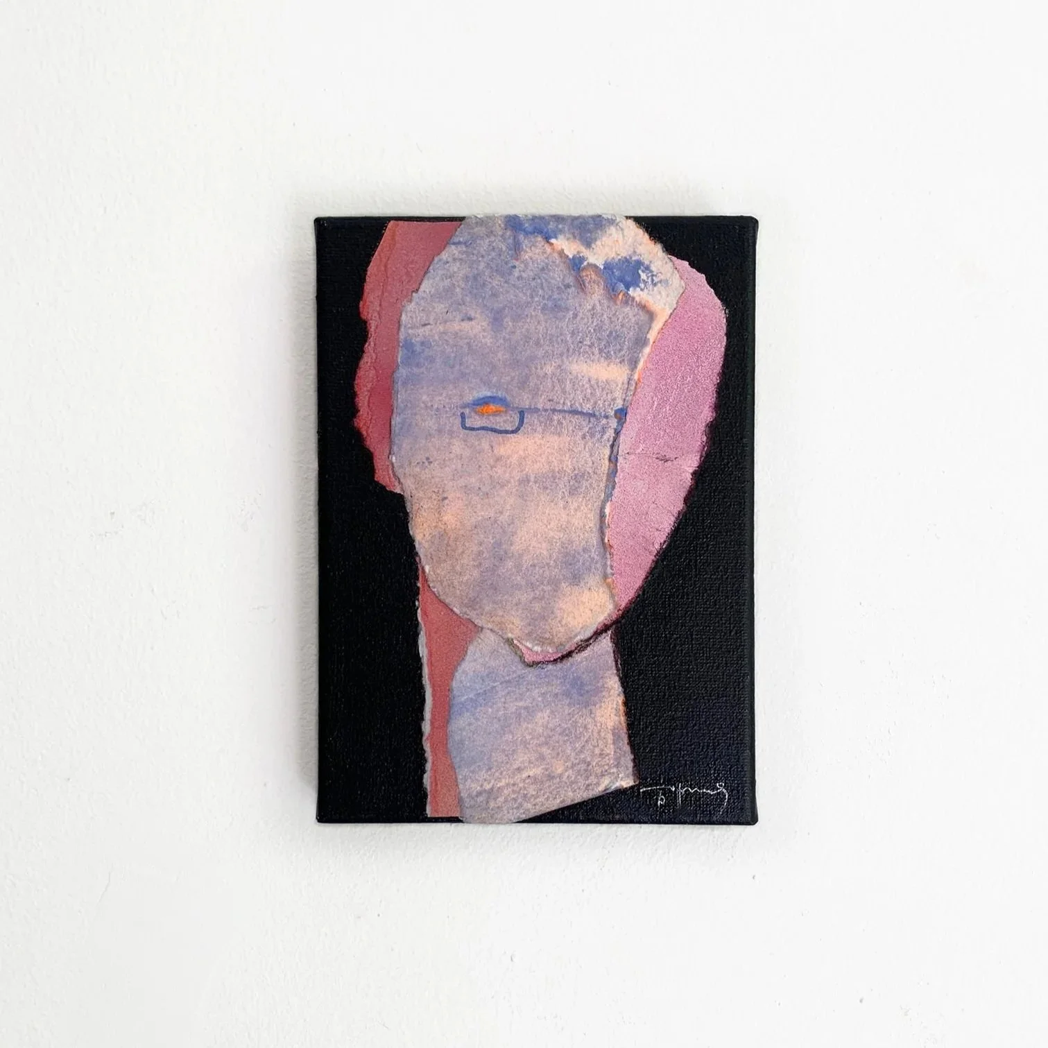 Abstract portrait painting of a person's face with glasses, featuring shades of pink, blue, and beige, against a black background.