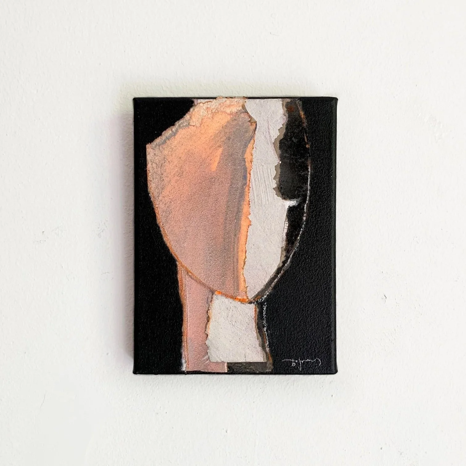 Abstract portrait painting of a person's face with a black background, featuring textured and torn paper elements in neutral tones.