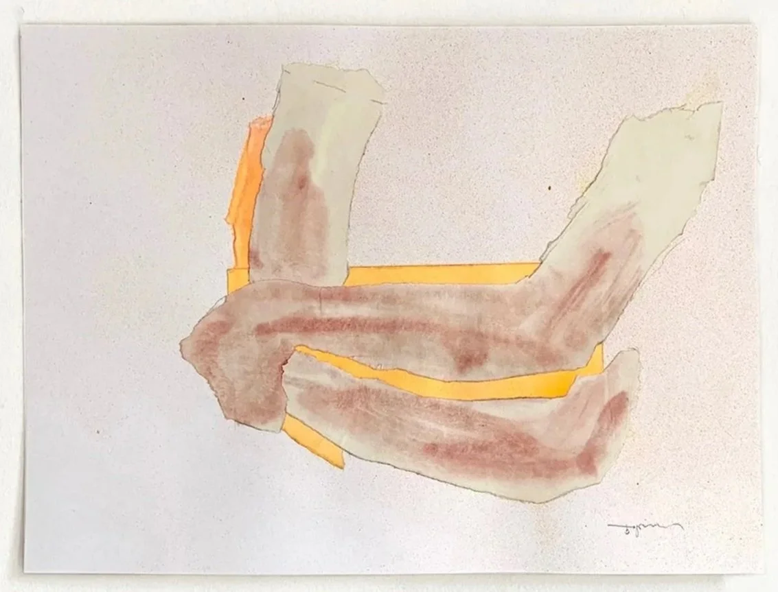 Watercolor painting of abstracted human legs with peach, brown, and beige tones, outlined with yellow.