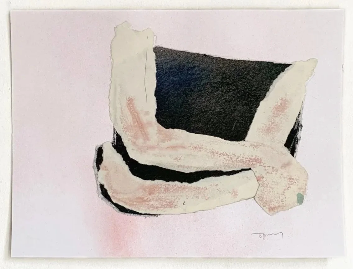 Abstract artwork featuring black, white, and pinkish-orange shapes on a light background.