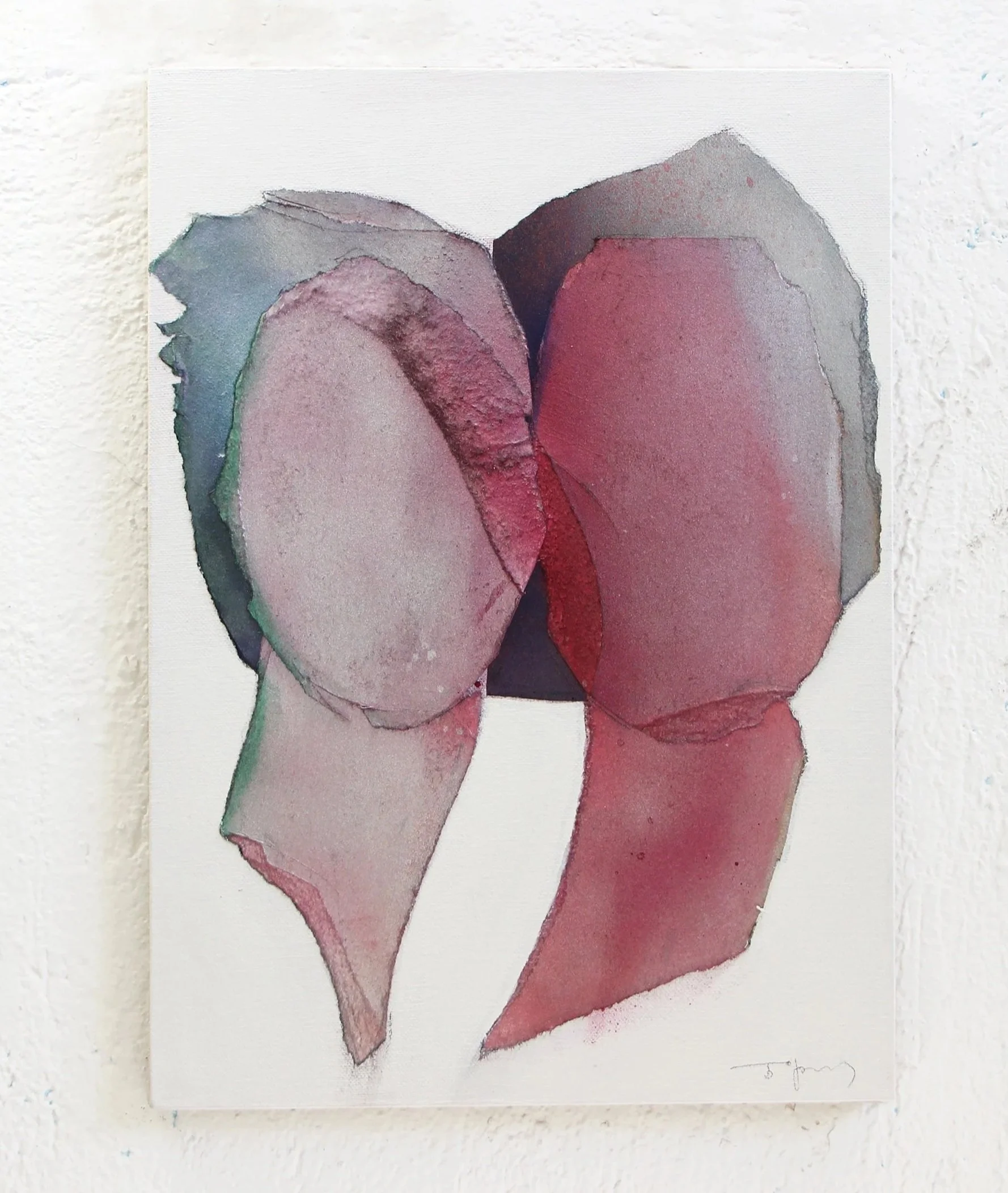 Watercolor painting of abstract rose petals in shades of pink, red, gray, and green on a white background.