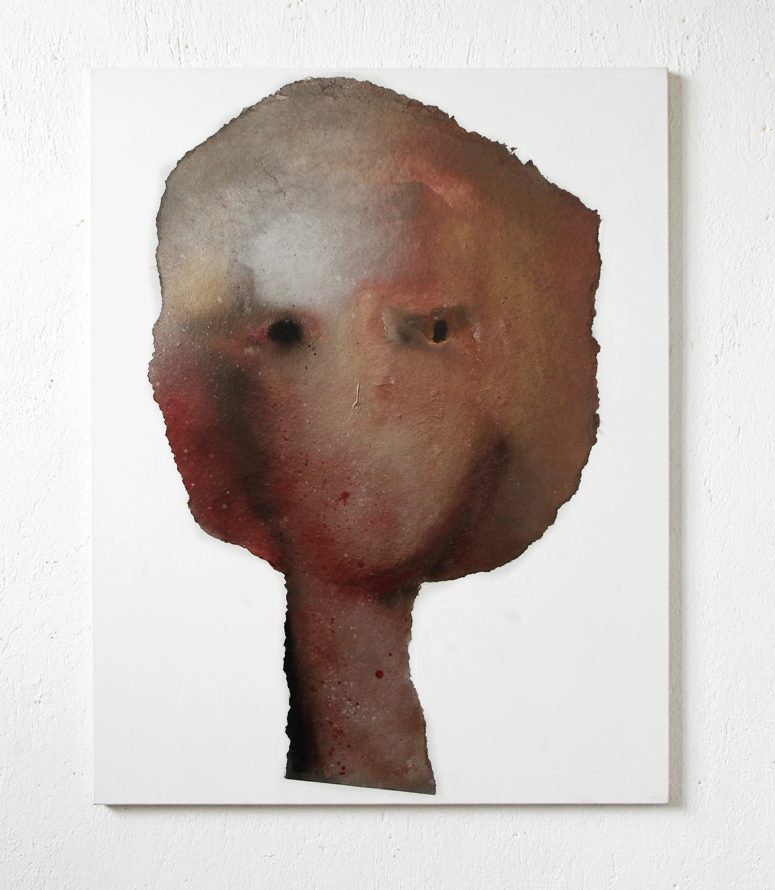 Abstract portrait painting with a distorted face on a white background.