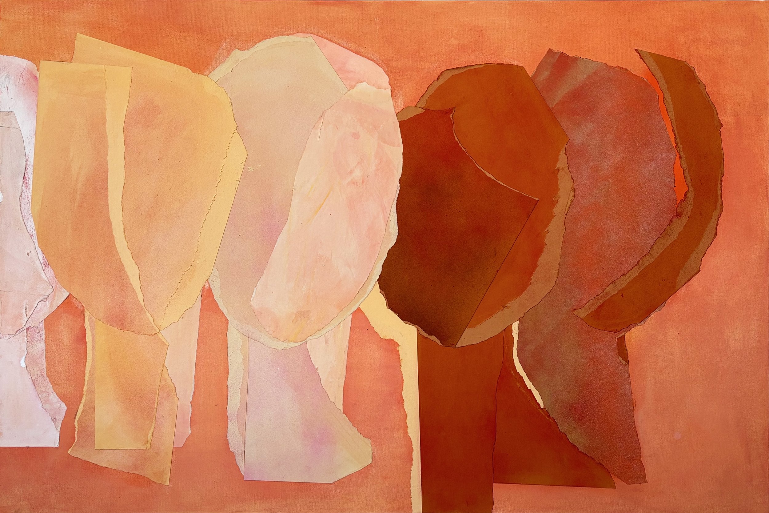 Collage of torn paper in warm tones of orange, peach, and brown, arranged on a matching background.