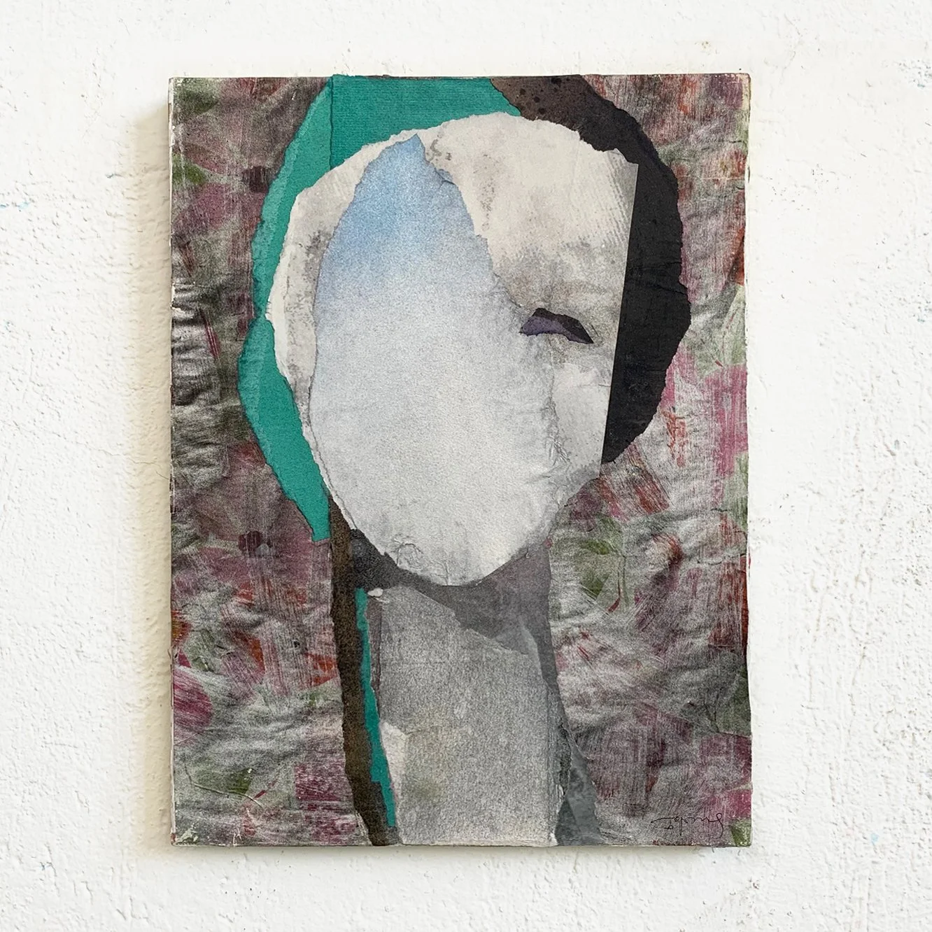 Abstract portrait painting of a faceless person with black hair, green and white clothing, and textured background on canvas.