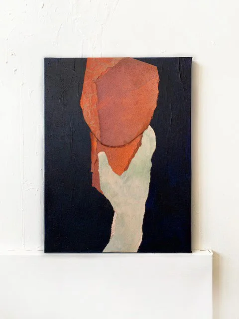 Abstract painting of a faceless person with a hand on their chin, using muted colors and bold brushstrokes.