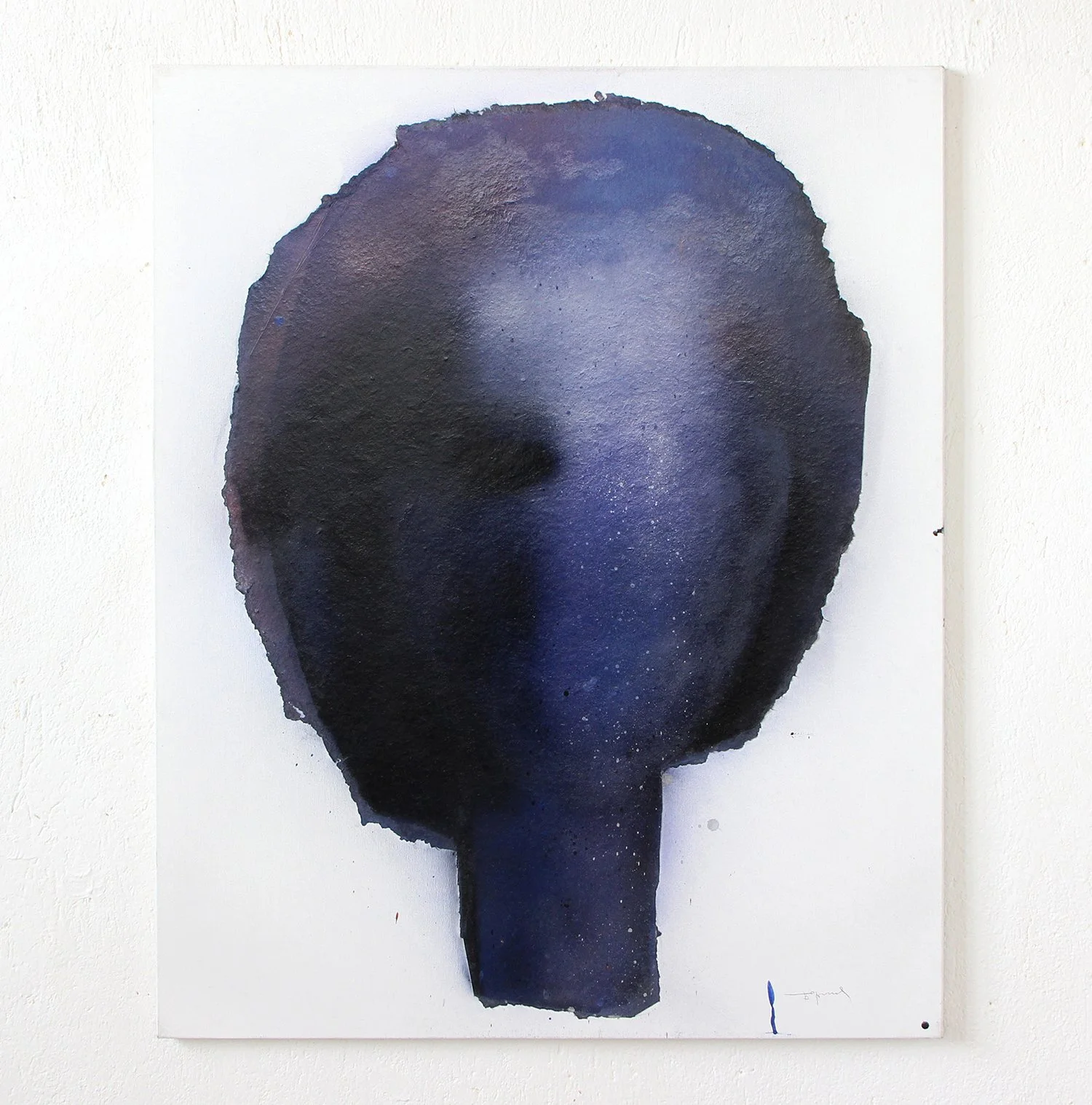 Abstract watercolor painting of a person's face in shades of blue and black on a white canvas.