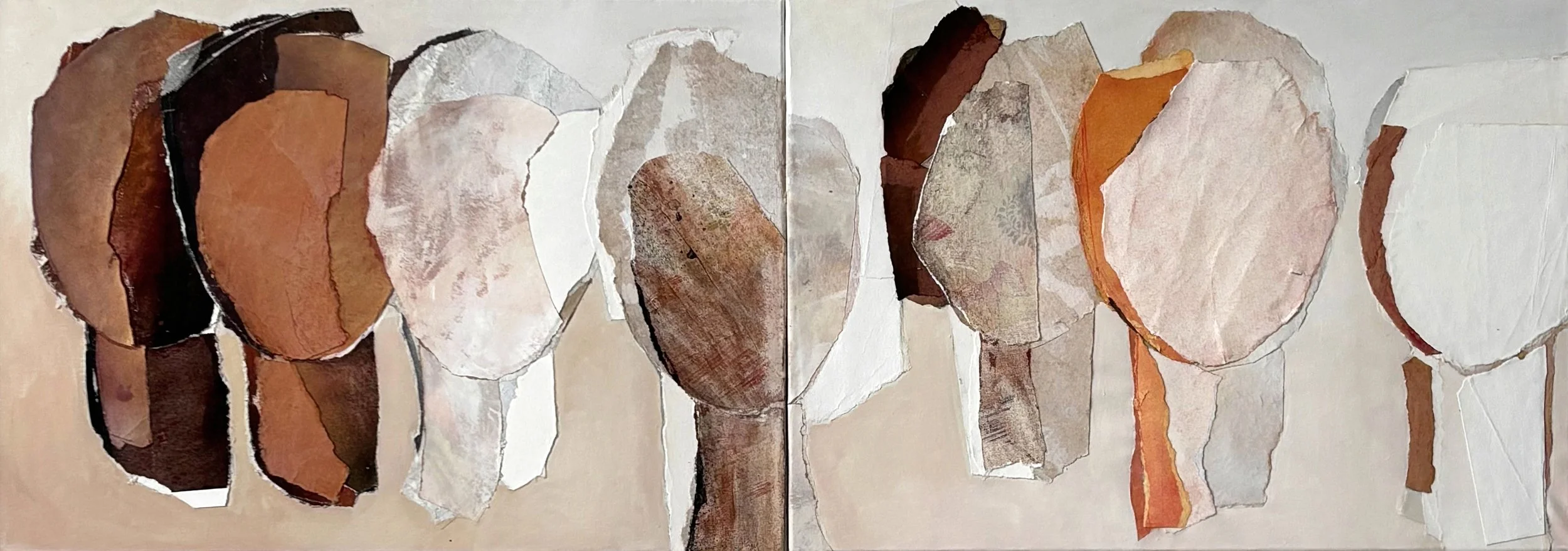 A collage of torn paper pieces arranged to form an abstract pattern with earth tones including browns, beiges, and whites.