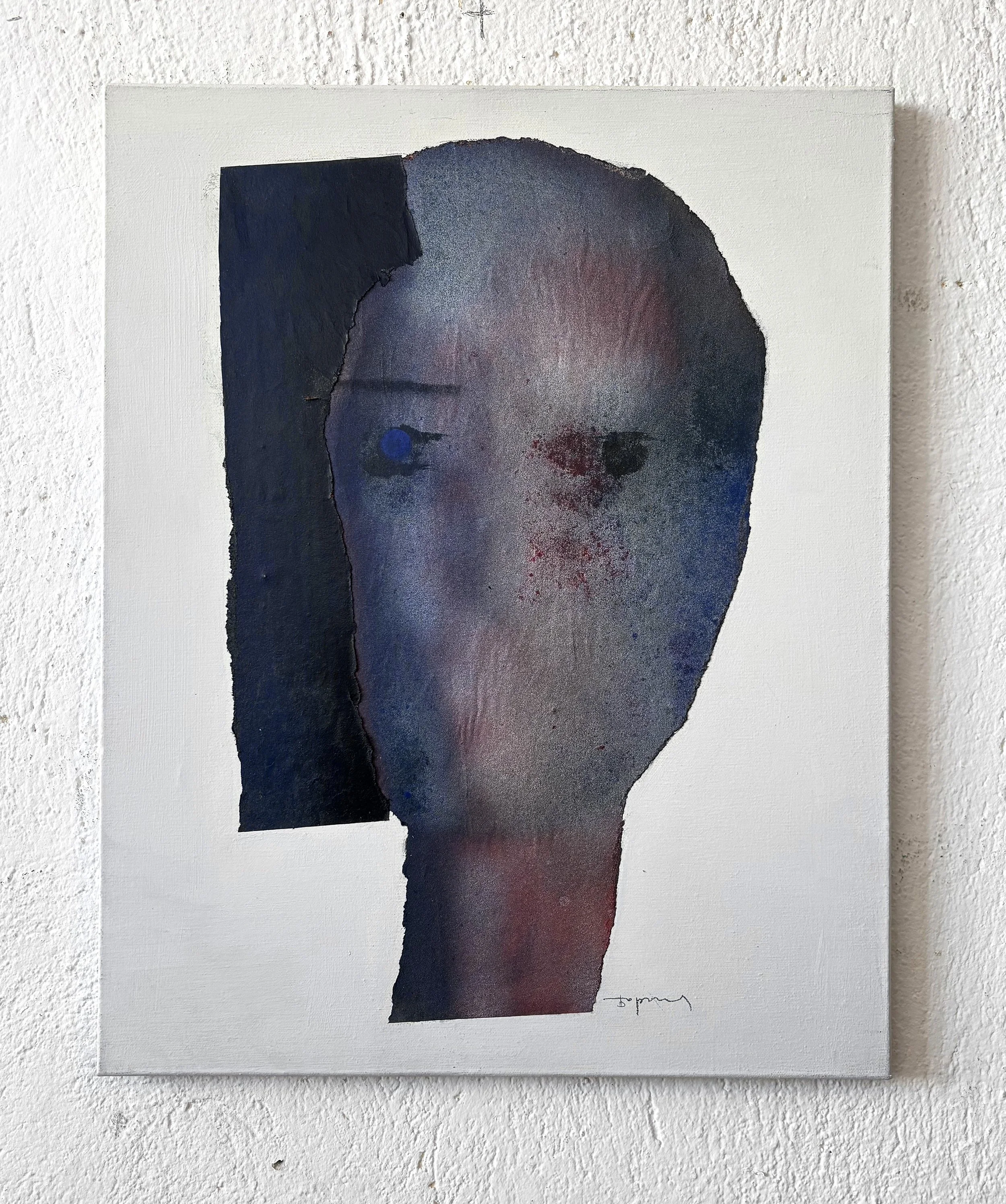 Abstract watercolor painting of a face with a dark background, featuring one eye, a nose, and a mouth, on a white canvas.
