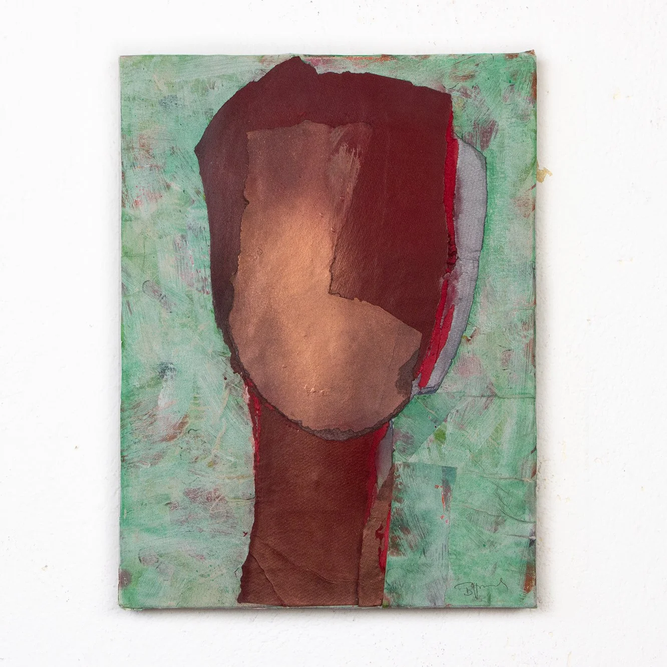 Abstract painting of a faceless person with a large, dark head and a long neck, painted with earthy tones and a green background.