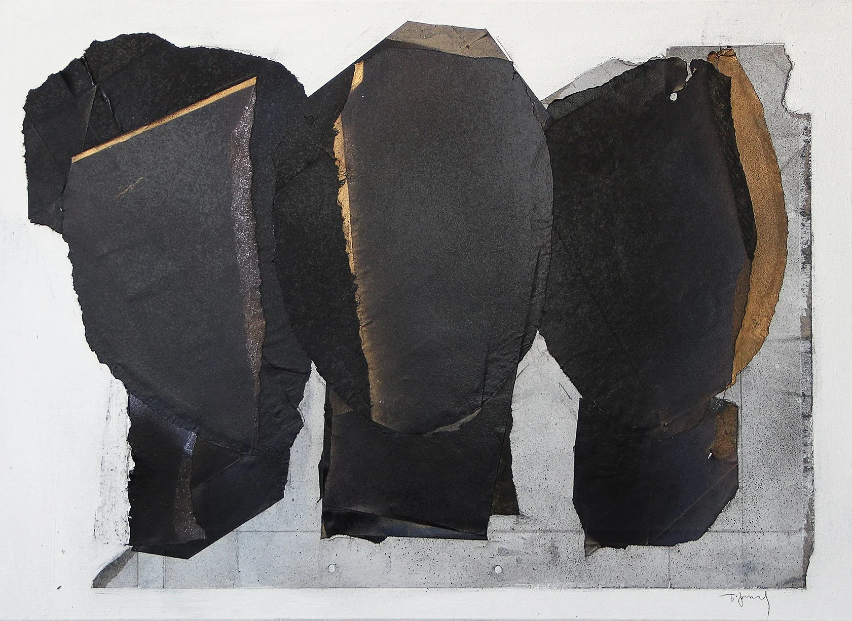 Abstract artwork featuring large, irregular black and dark brown textured shapes with hints of gold on a light gray background.