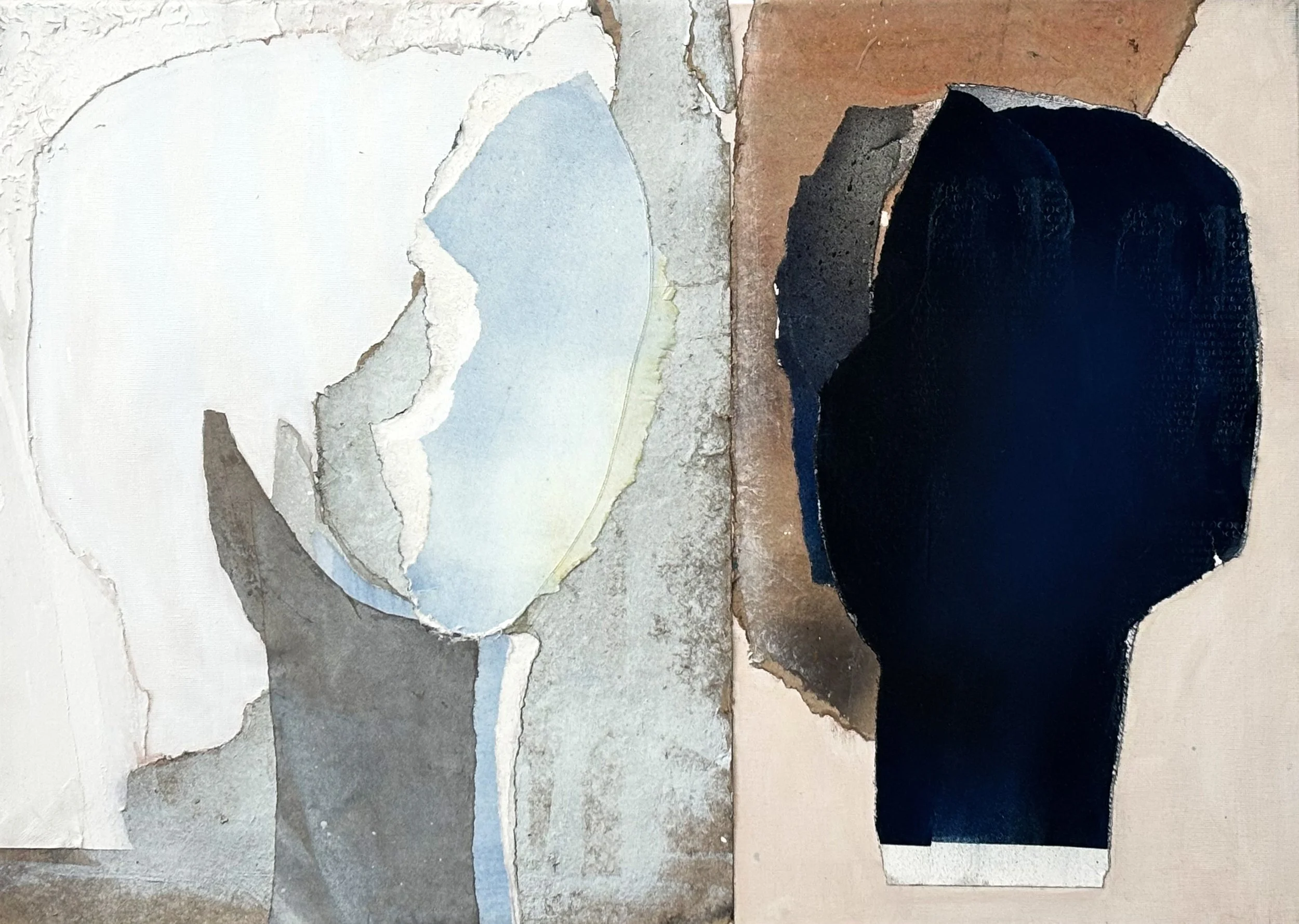 Mixed media collage artwork of two silhouettes of human heads, one painted in soft pastel tones and the other in deep black, positioned facing each other on a textured background.