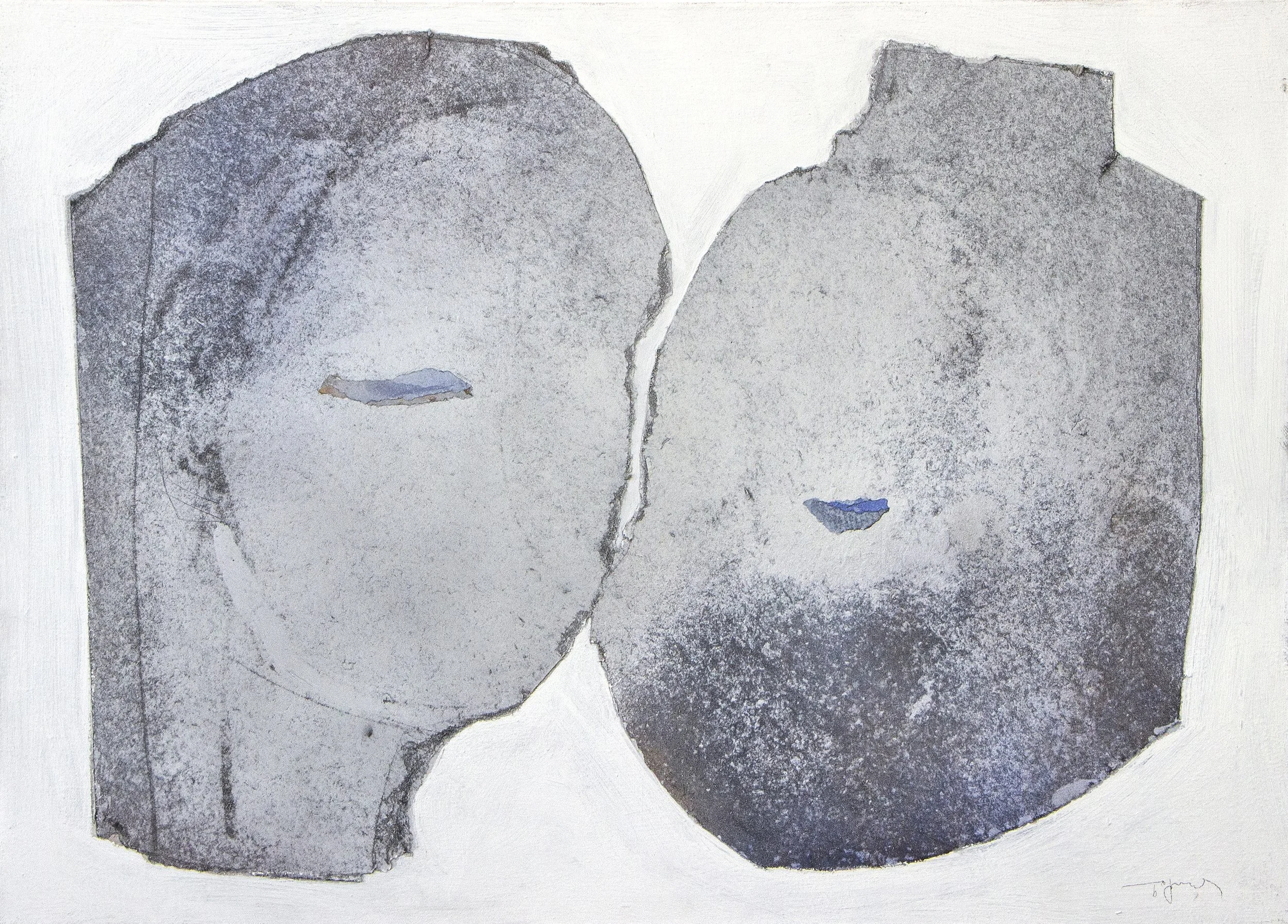 Abstract artwork of two stone-like faces with minimal features, divided by a crack, in shades of gray and blue.