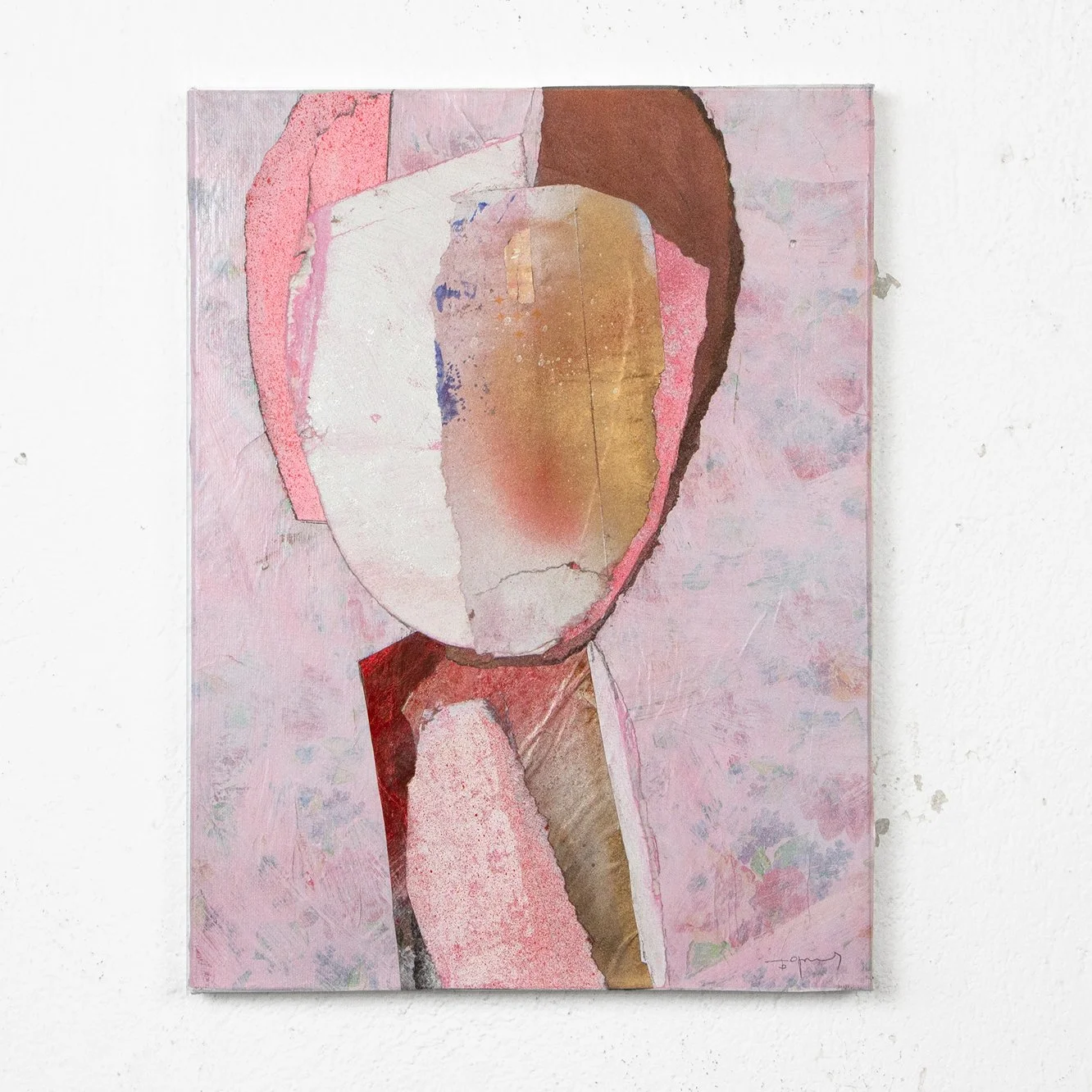Abstract painting of a person's face with pink, brown, white, and tan colors on canvas.