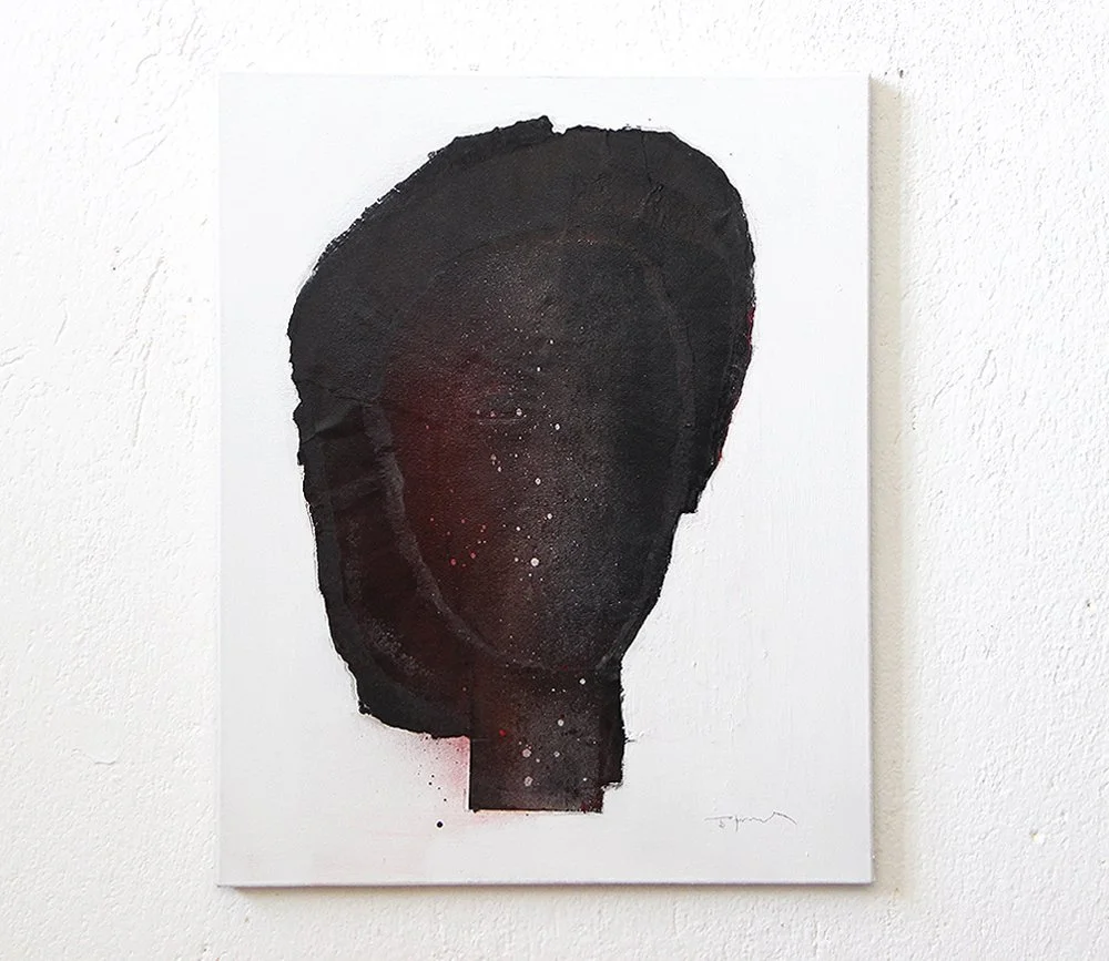 Abstract painting of a dark silhouette of a person's head and shoulders with a black background, white specks, and red accents on a white canvas