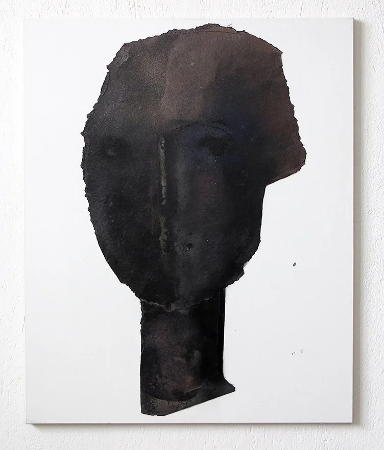 An abstract black watercolor painting of a human face on a white background, with indistinct features and a dark neck.