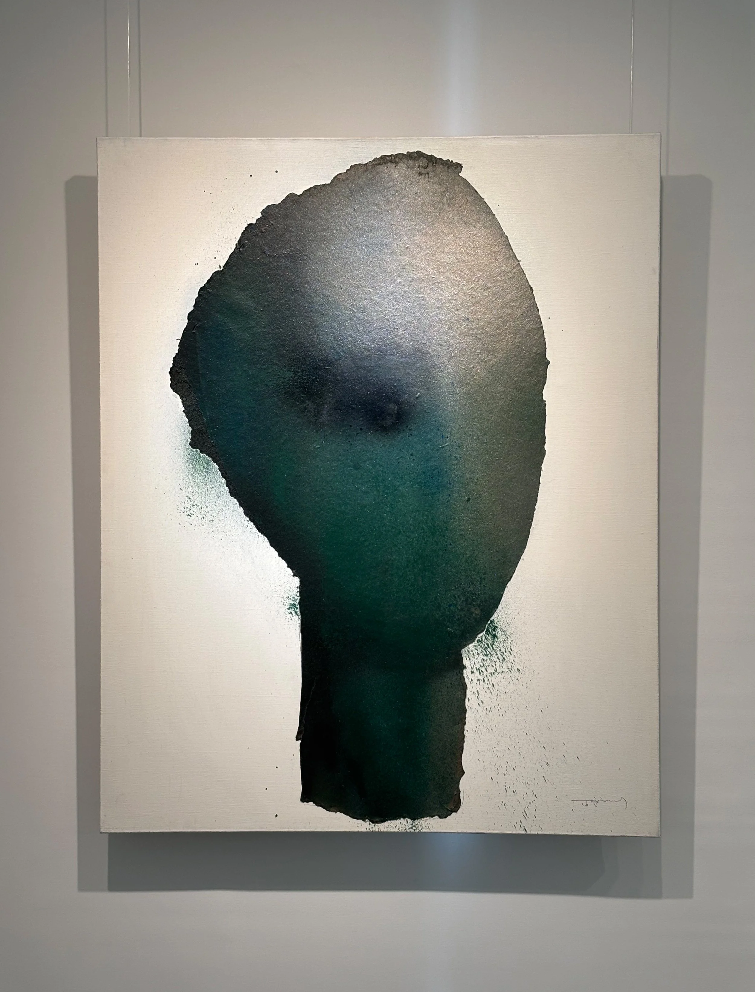 Abstract portrait painting of a face with a black neck, featuring minimal facial features, on a white canvas.