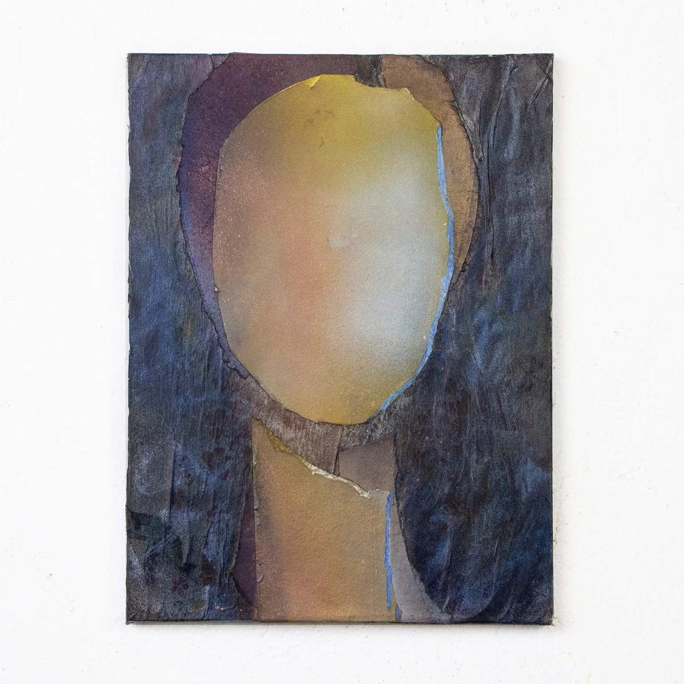 Abstract portrait of a faceless figure with dark hair, painted with layered brushstrokes, featuring a muted color palette of dark blues, browns, and golds.