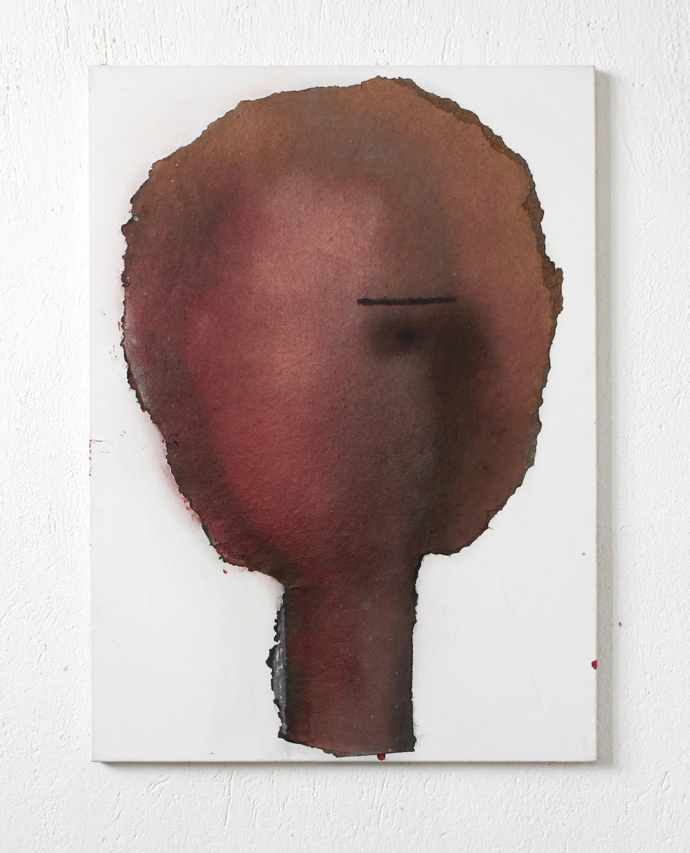 Abstract watercolor painting resembling a person's head and neck silhouette with simplified facial features on a white gallery wall.