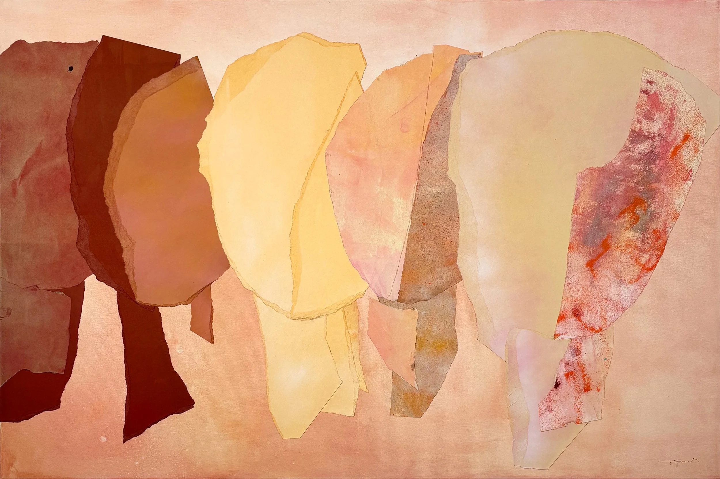 Large scale abstract heads compositions in mixed media, warm peachy, orange, yellow and brown painting